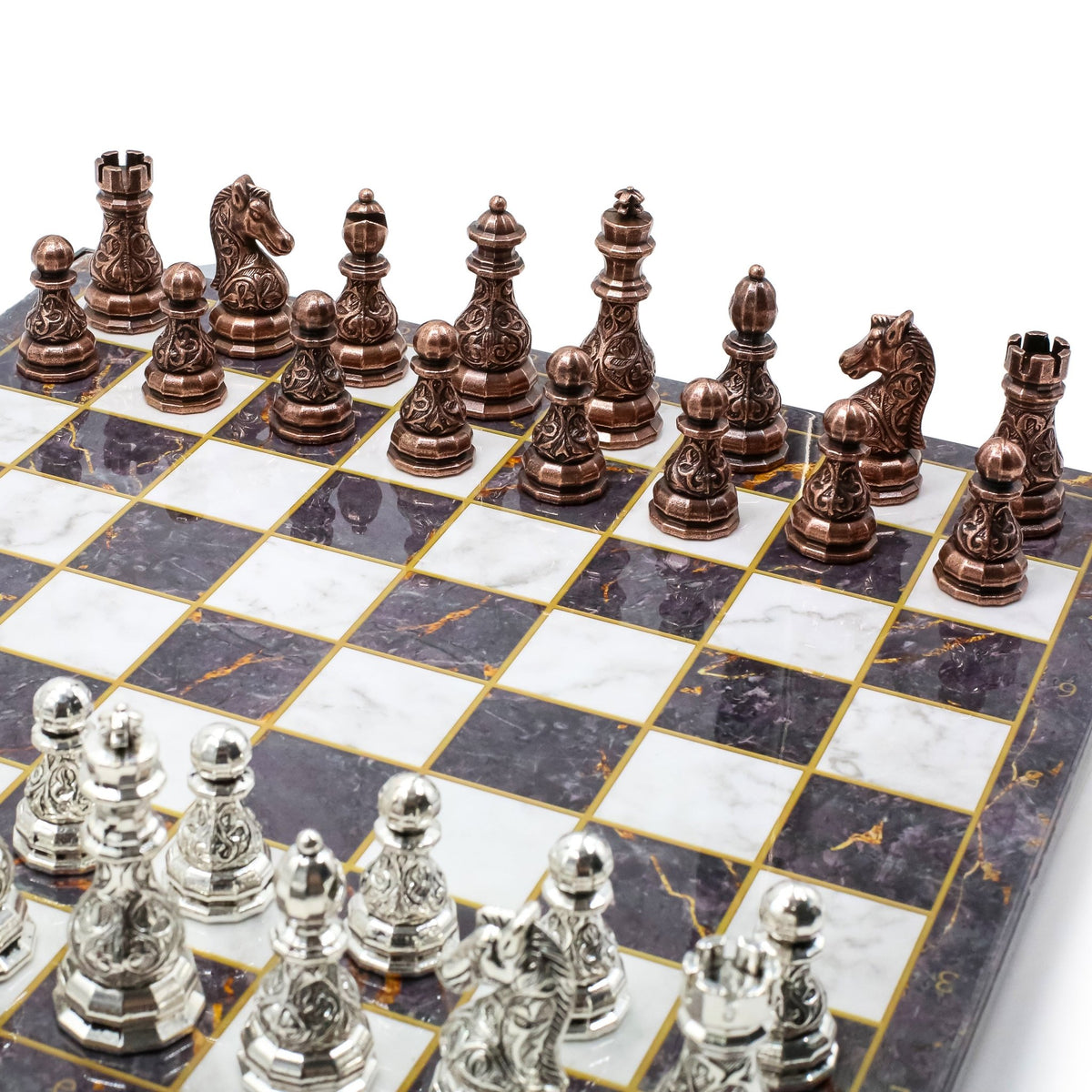 Crystal Baroque Metal Chess Set | Bronze - Silver | Chess Board w/ Metal Legs 37CM (15") - Cooper Chess