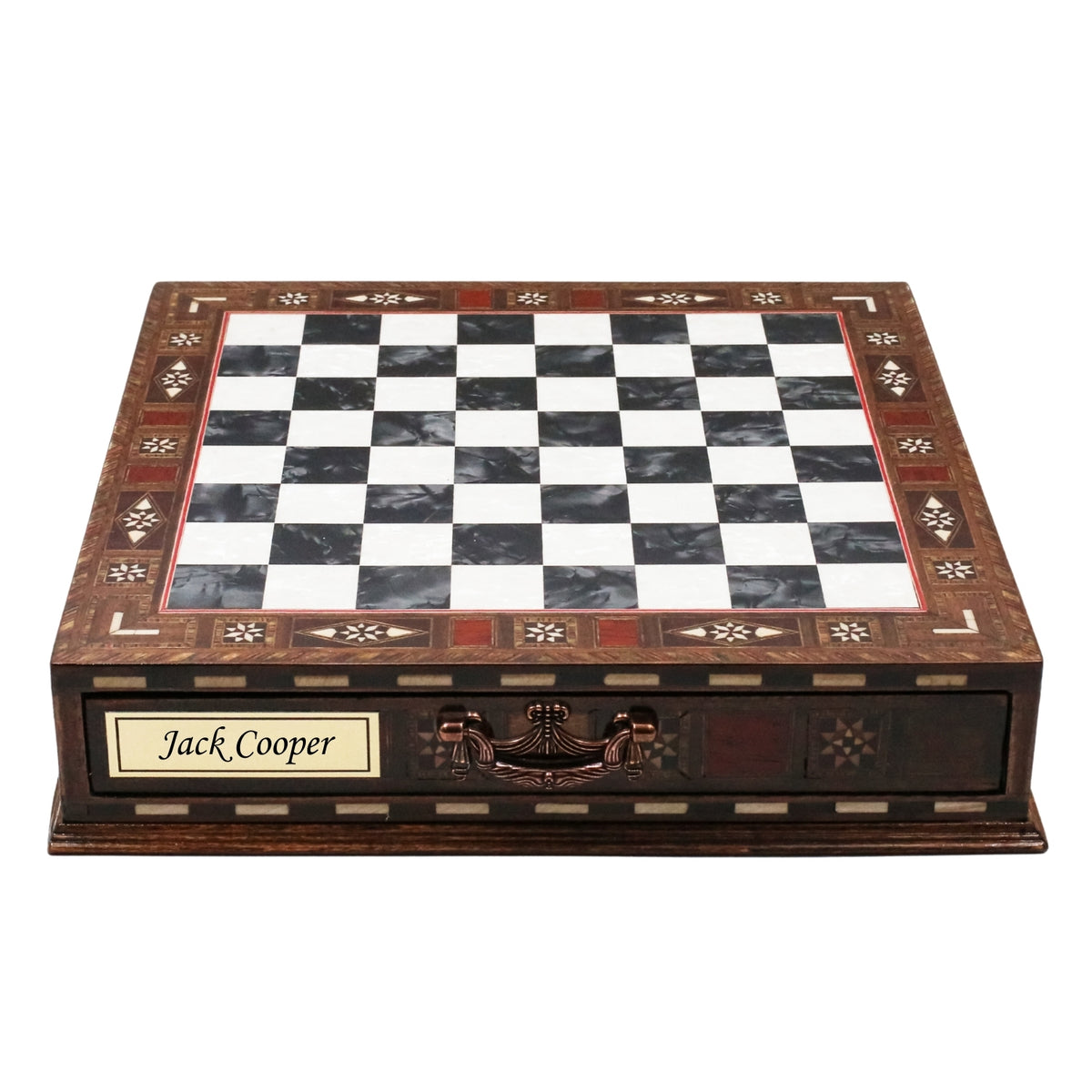 Handmade Inlay Chess Set with Drawer Storage 30 CM (12") - Die Cast Metal Pieces | Troy War Themed