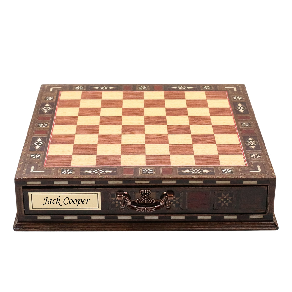 Handmade Inlay Chess Set with Drawer Storage 30 CM (12") - Die Cast Metal Pieces | Troy War Themed