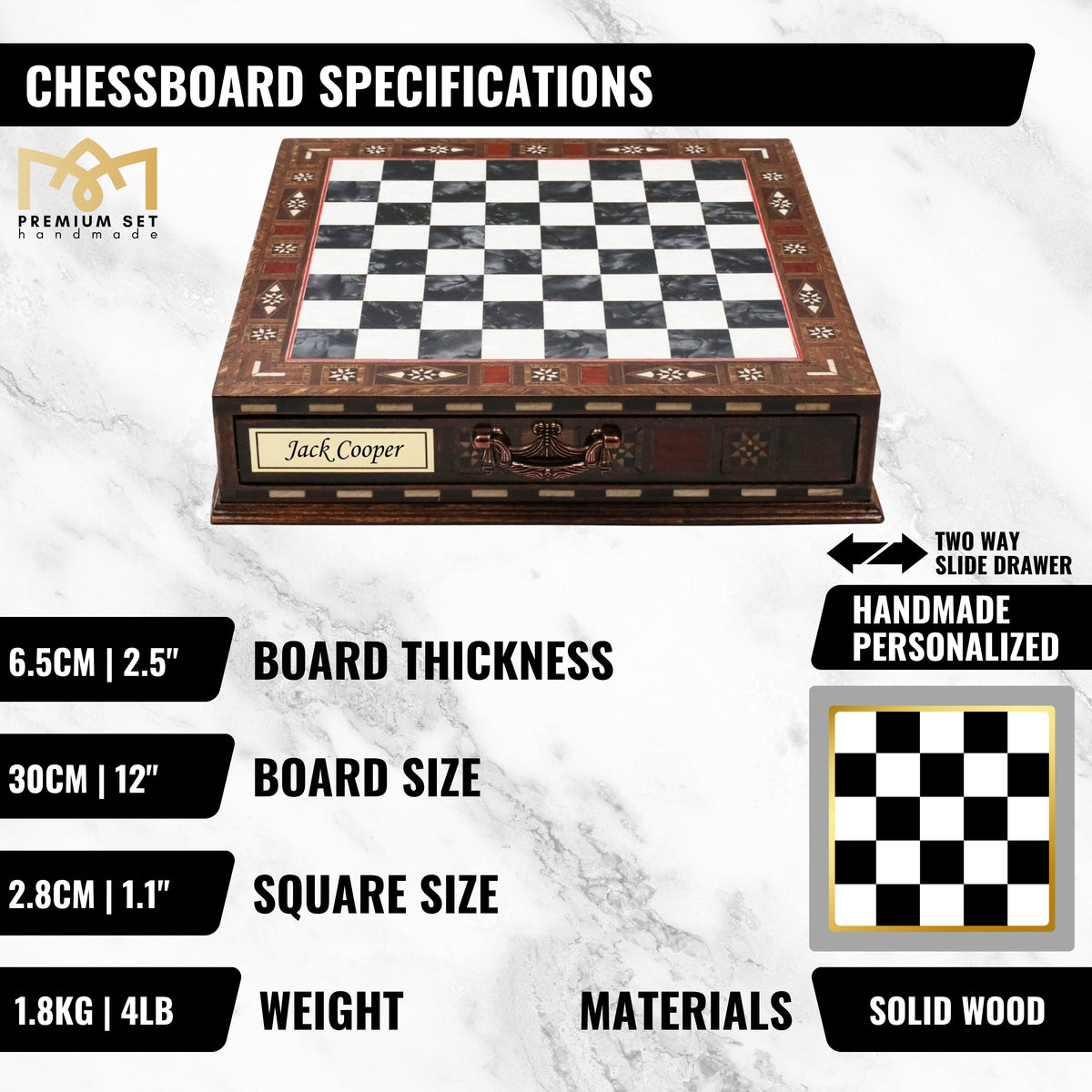 Handmade Inlay Chess Set with Drawer Storage 30 CM (12") - Die Cast Vintage Metal Pieces | Troy War Themed