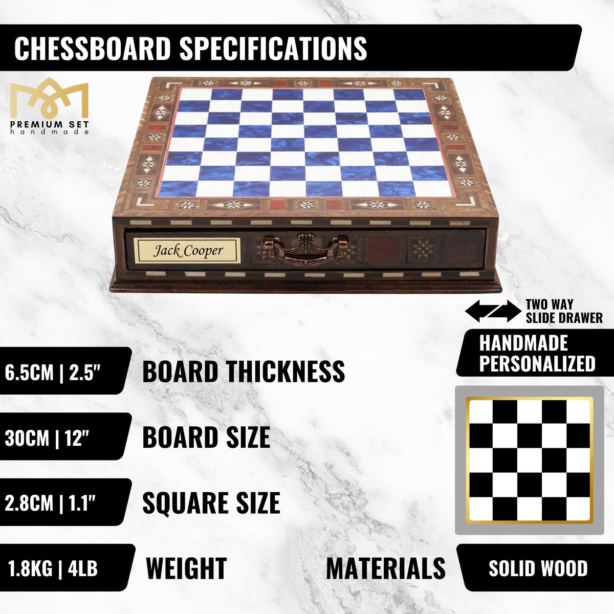 Handmade Inlay Chess Set with Drawer Storage 30 CM (12") - Die Cast Metal Pieces | Troy War Themed