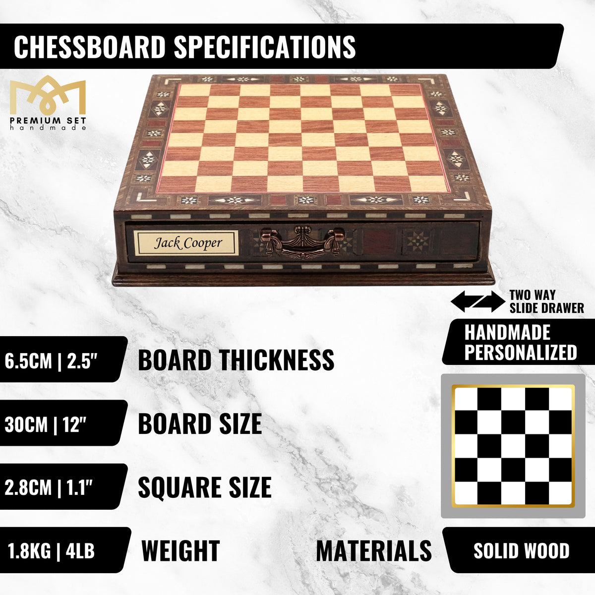 Handmade Inlay Chess Set with Drawer Storage 30 CM (12") - Die Cast Metal Pieces | Troy War Themed