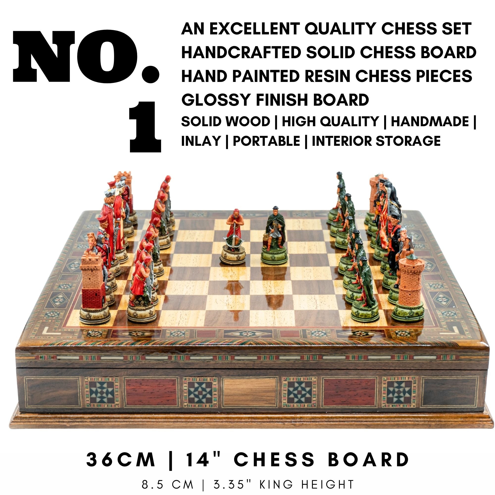 Handmade Inlay Storage Chess Set 38 CM (15") - Camelot King Arthur Pieces - Cooper Chess