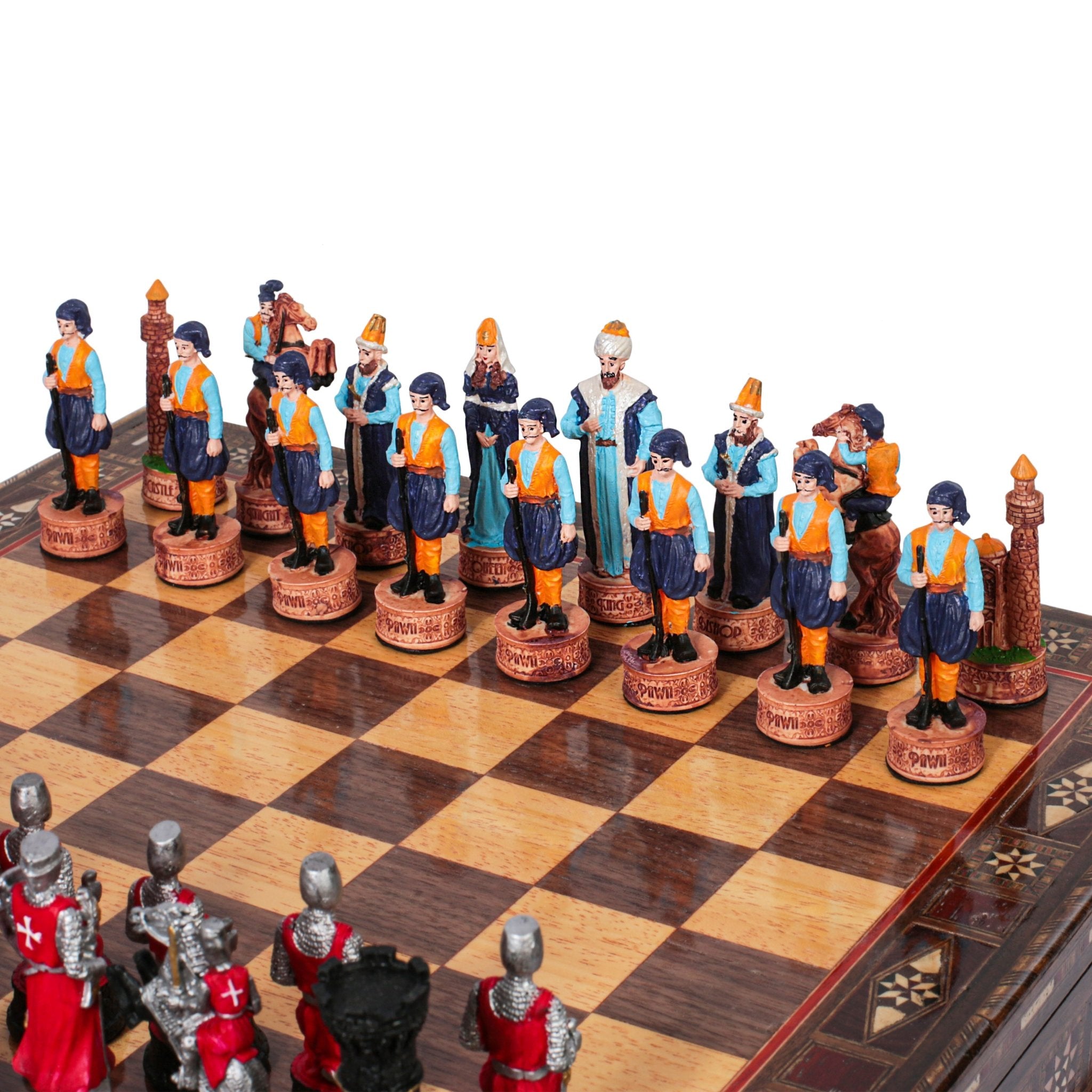 Handmade Inlay Storage Chess Set 38 CM (15") - Ottoman vs Black Crusaders Pieces - Cooper Chess