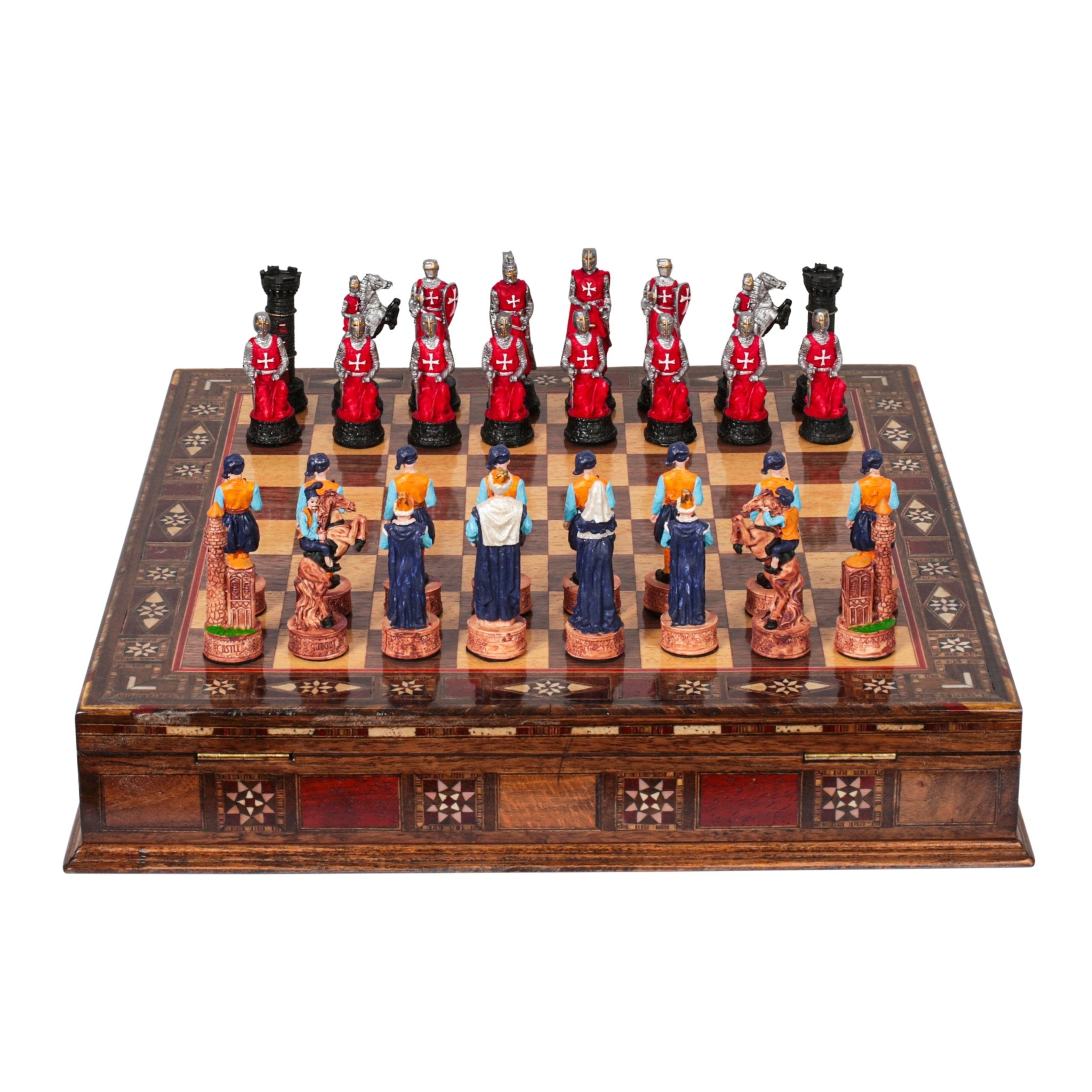 Handmade Inlay Storage Chess Set 38 CM (15") - Ottoman vs Black Crusaders Pieces - Cooper Chess