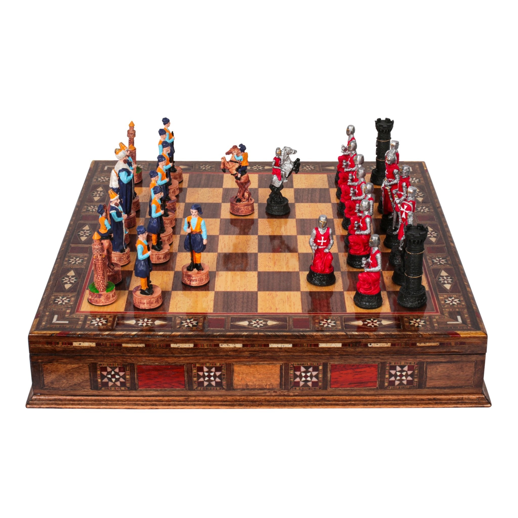 Handmade Inlay Storage Chess Set 38 CM (15") - Ottoman vs Black Crusaders Pieces - Cooper Chess