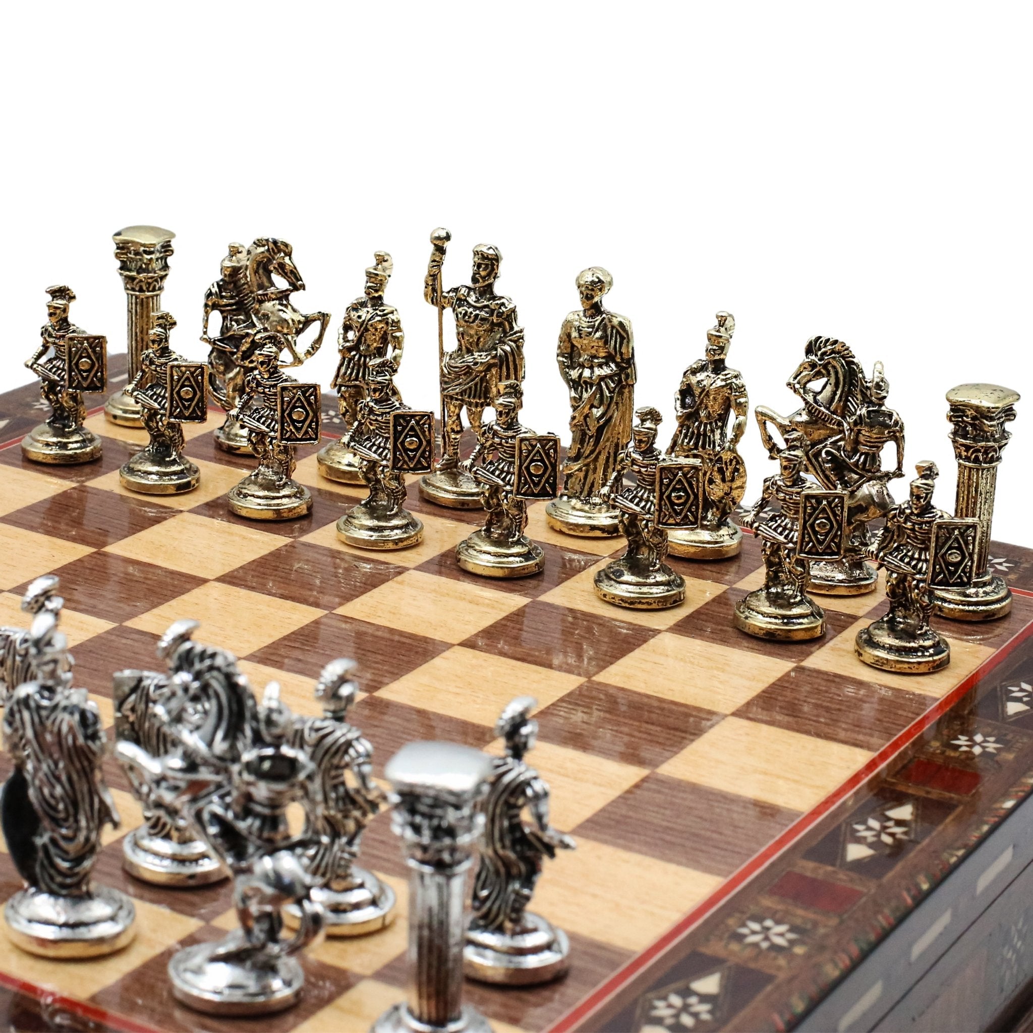 Handmade Inlay Storage Chess Set 38 CM (15") - Roman Empire Die Cast Metal Pieces - Cooper Chess