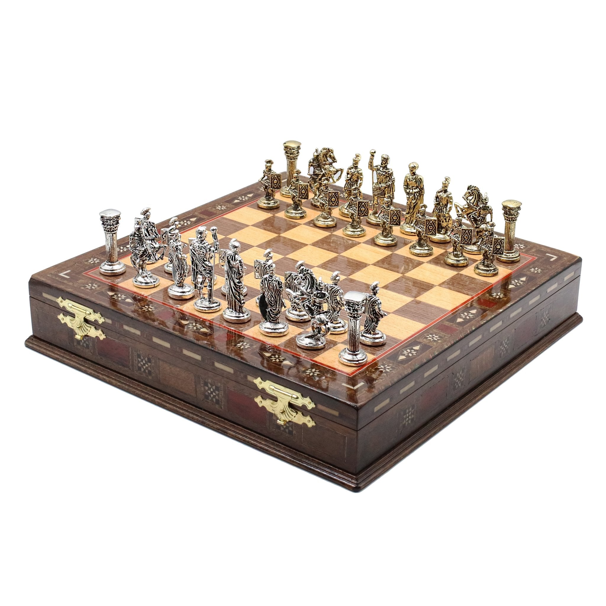Handmade Inlay Storage Chess Set 38 CM (15") - Roman Empire Die Cast Metal Pieces - Cooper Chess