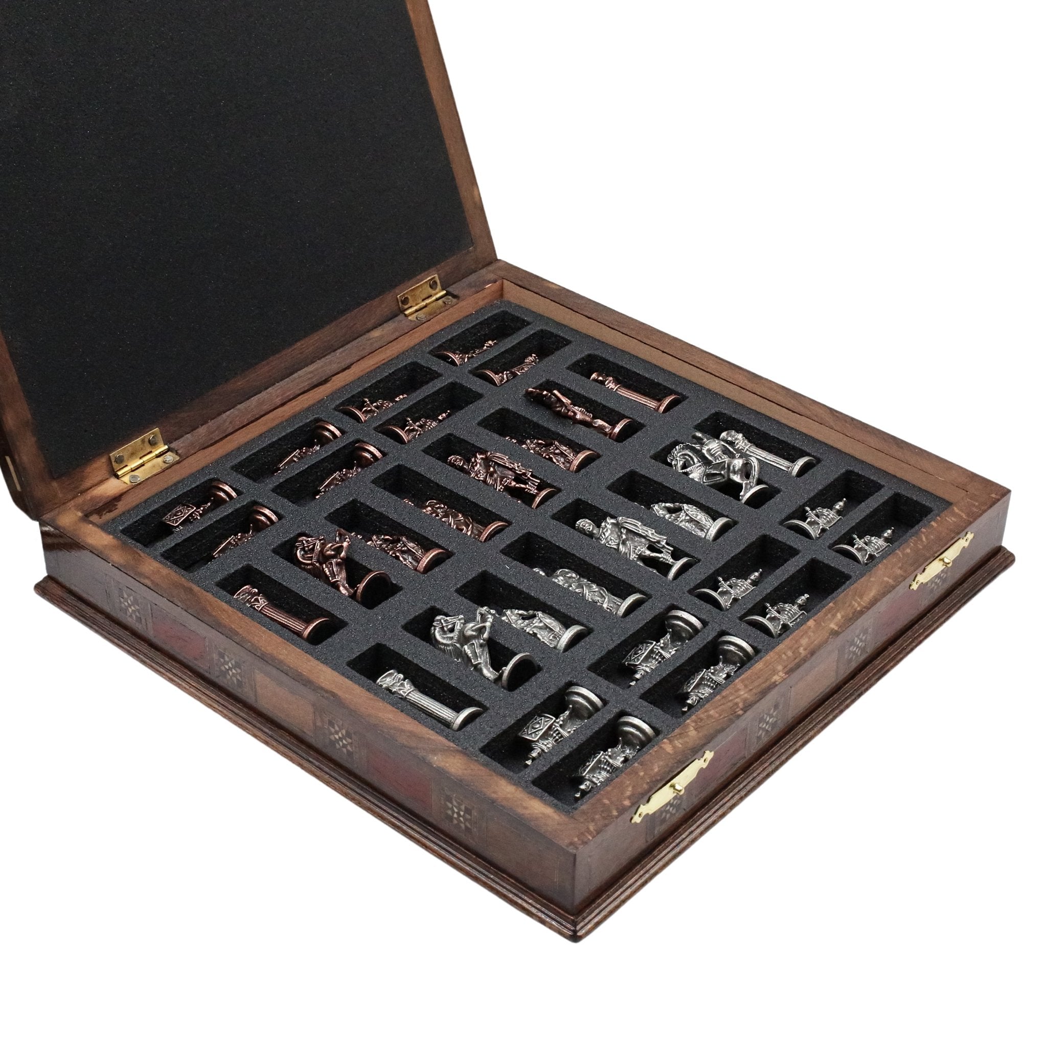 Handmade Inlay Storage Chess Set 38 CM (15") - Vintage Roman Empire Die Cast Metal Pieces - Cooper Chess