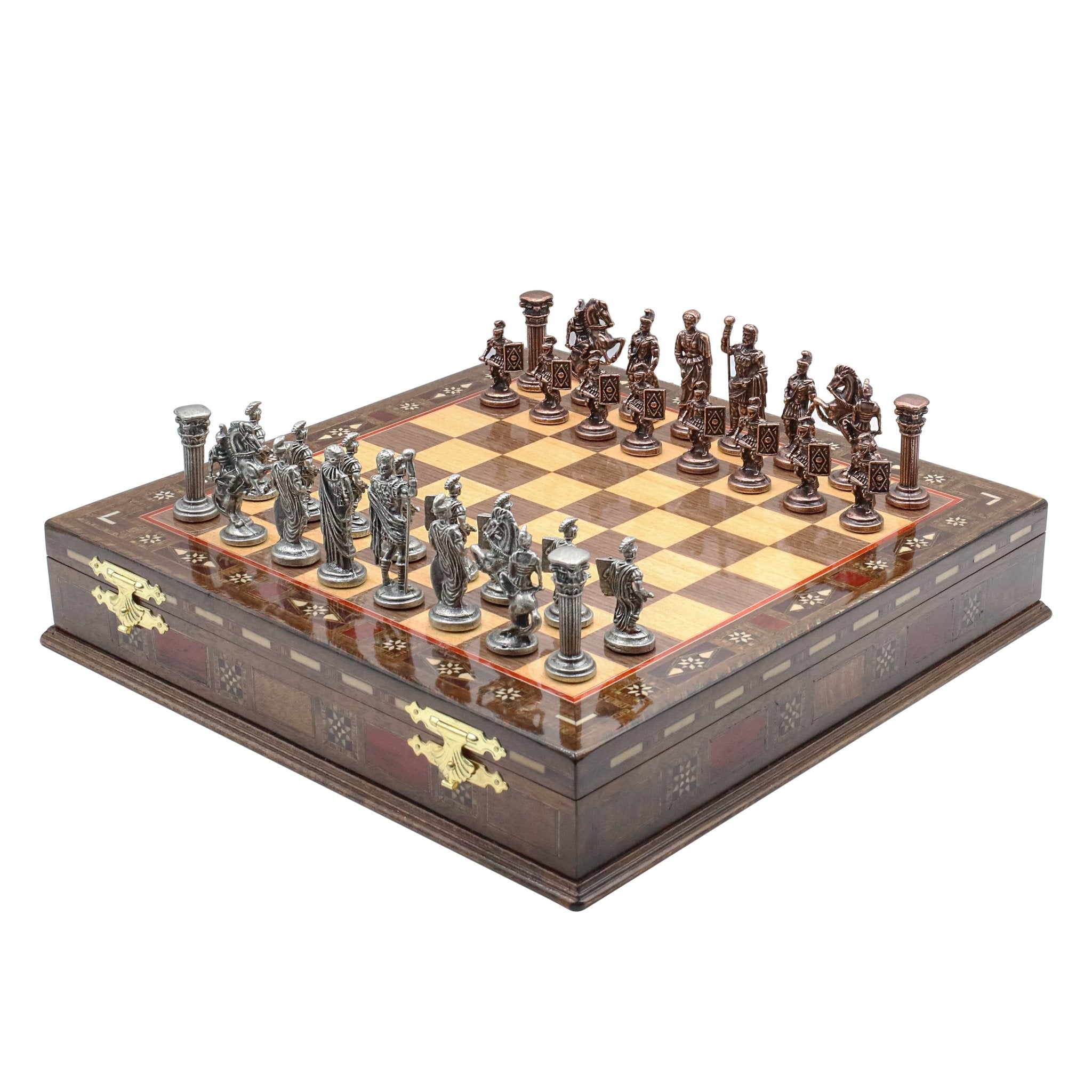 Handmade Inlay Storage Chess Set 38 CM (15") - Vintage Roman Empire Die Cast Metal Pieces - Cooper Chess