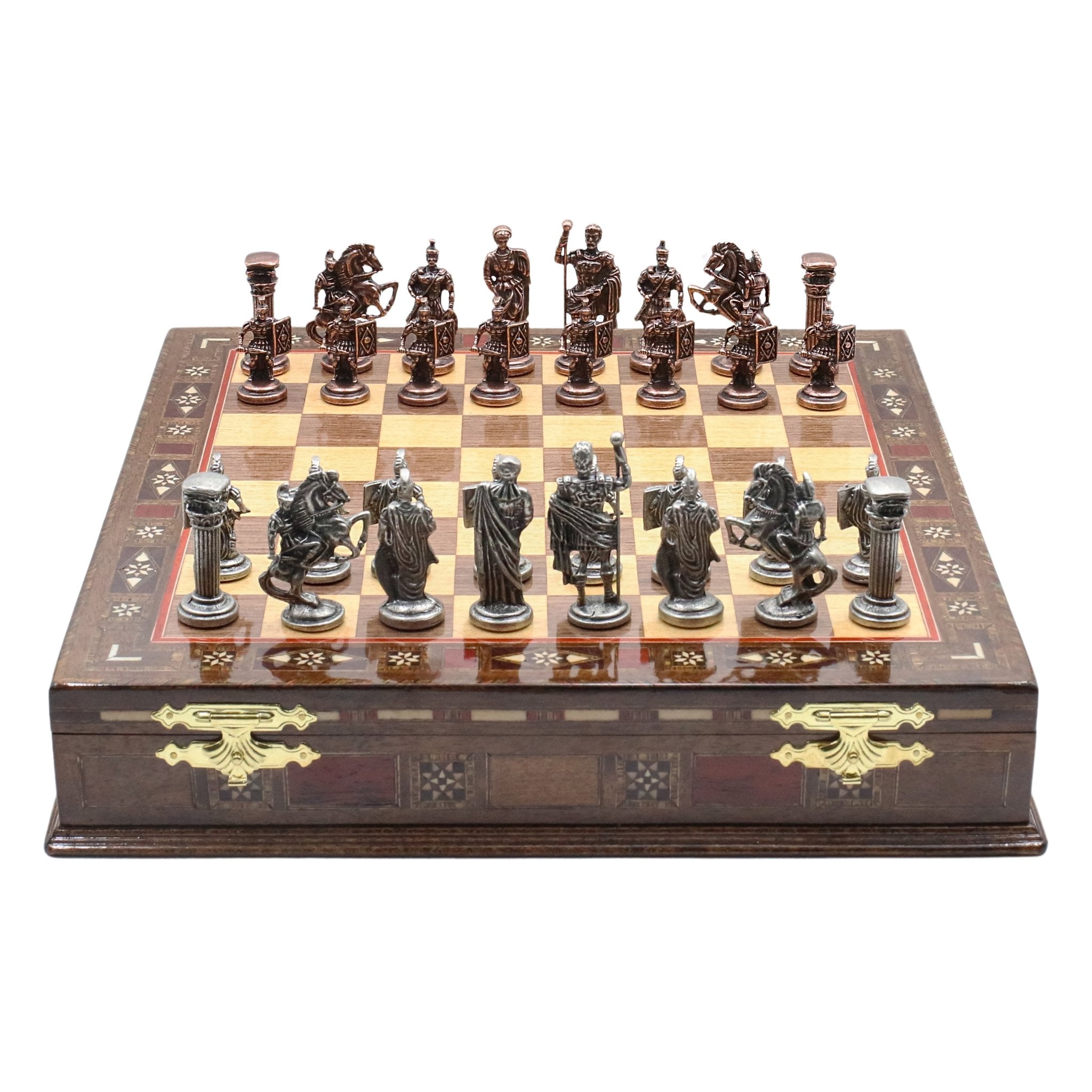 Handmade Inlay Storage Chess Set 38 CM (15") - Vintage Roman Empire Die Cast Metal Pieces - Cooper Chess