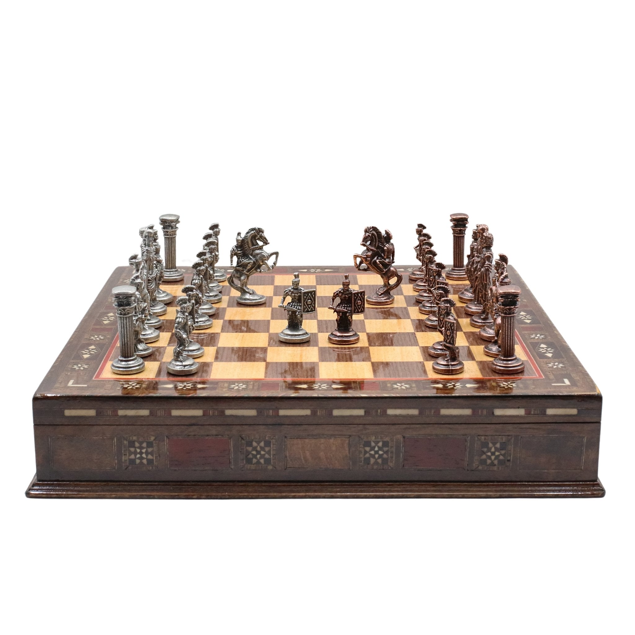 Handmade Inlay Storage Chess Set 38 CM (15") - Vintage Roman Empire Die Cast Metal Pieces - Cooper Chess