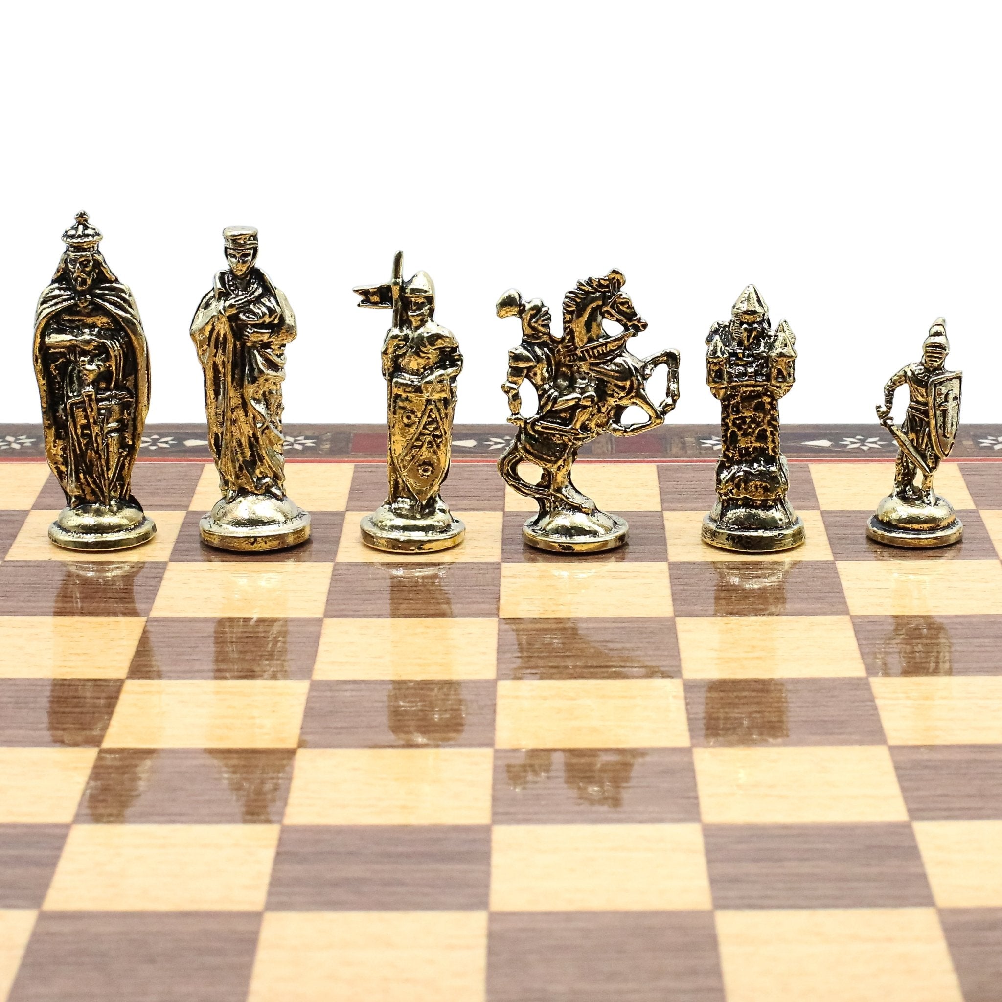 Handmade Inlay Storage Chess Set 38 CM (15") - Medieval British Die Cast Metal Pieces - Cooper Chess