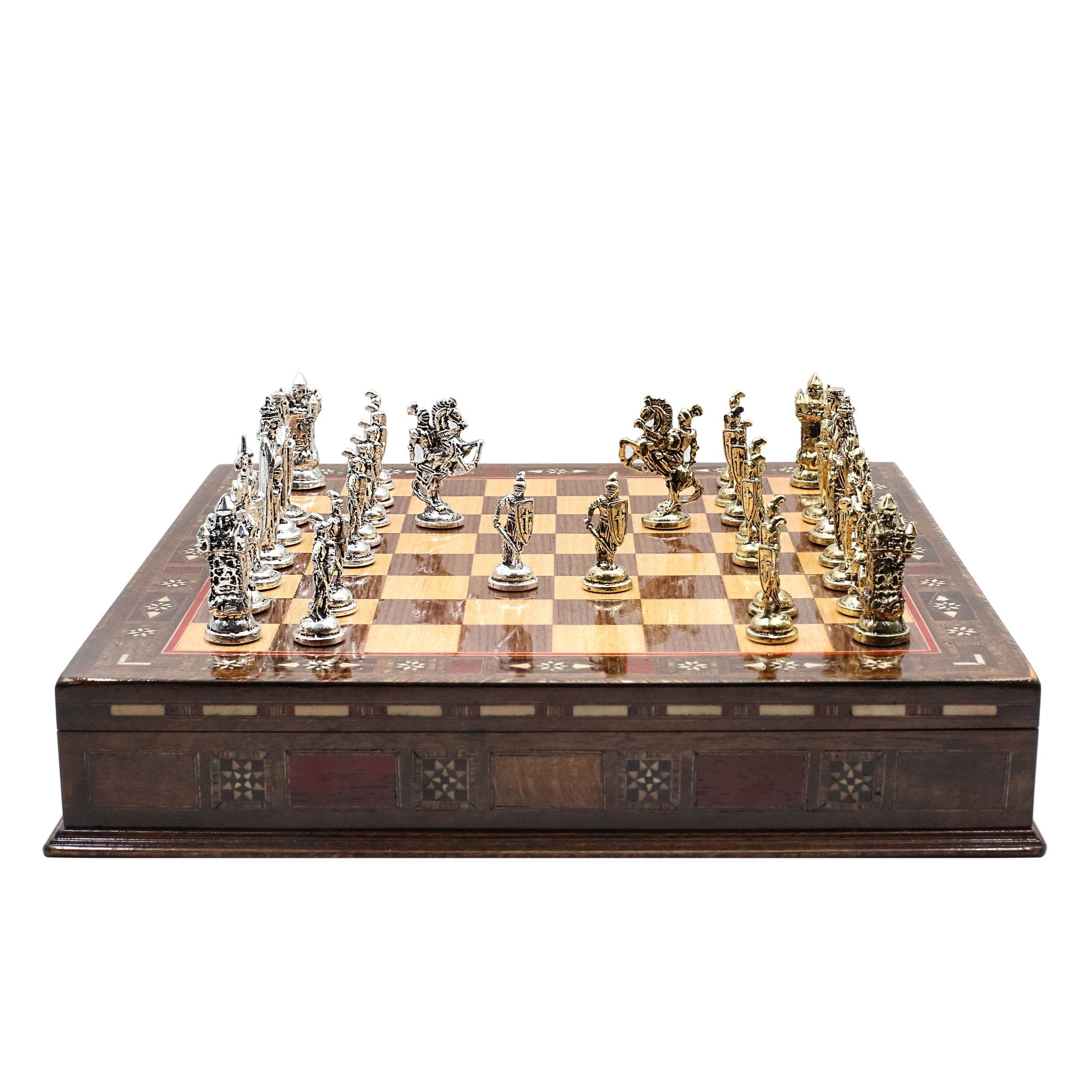 Handmade Inlay Storage Chess Set 38 CM (15") - Medieval British Die Cast Metal Pieces - Cooper Chess