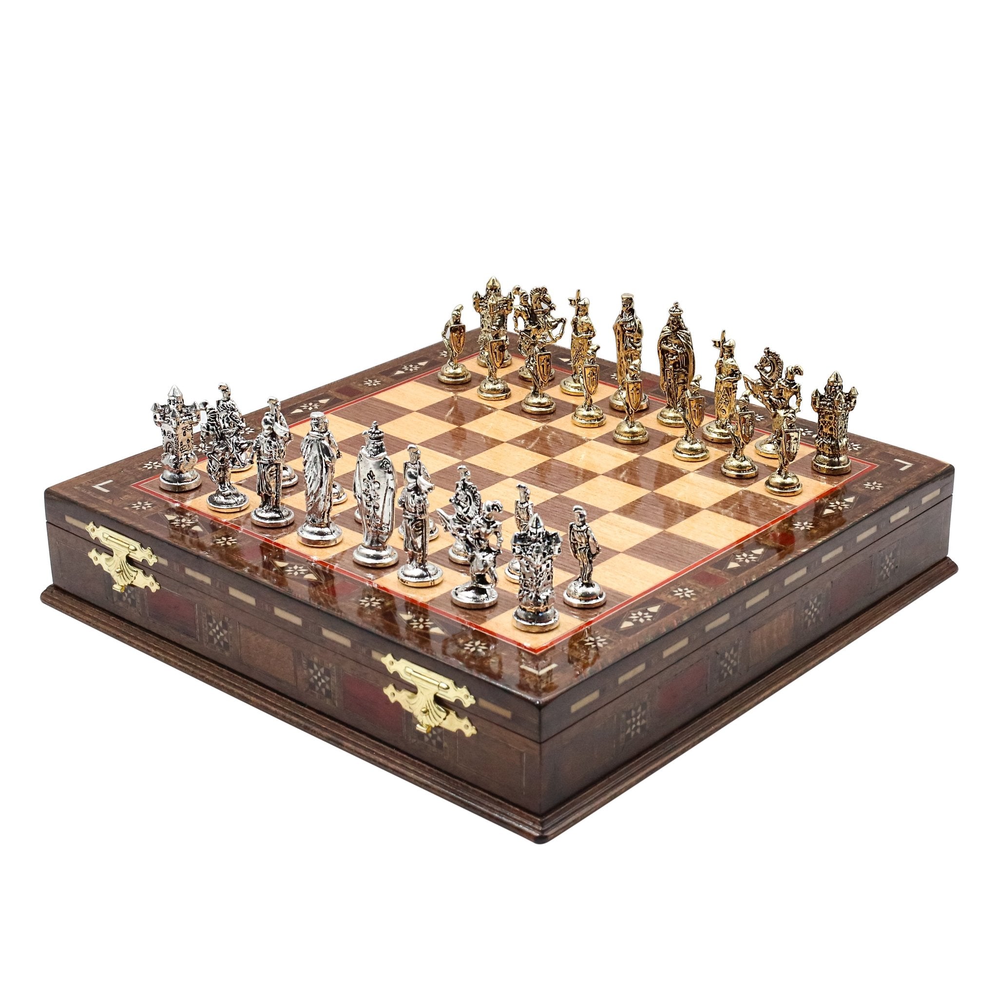 Handmade Inlay Storage Chess Set 38 CM (15") - Medieval British Die Cast Metal Pieces - Cooper Chess