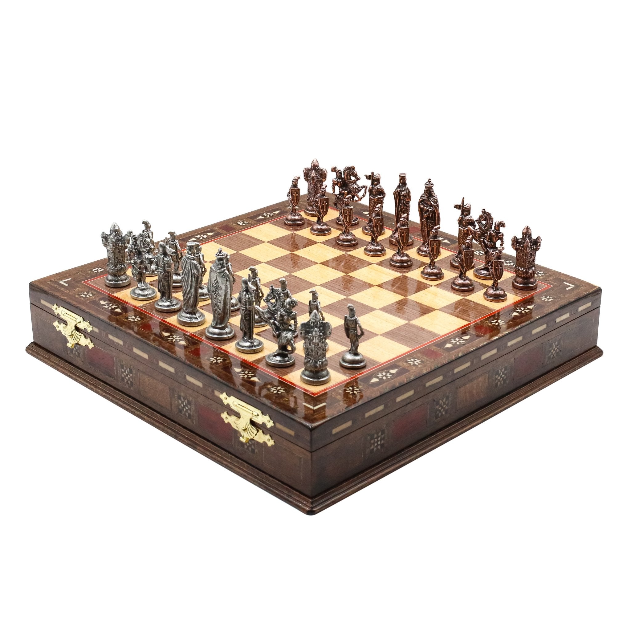 Handmade Inlay Storage Chess Set 38 CM (15") - Vintage Medieval British Die Cast Metal Pieces - Cooper Chess