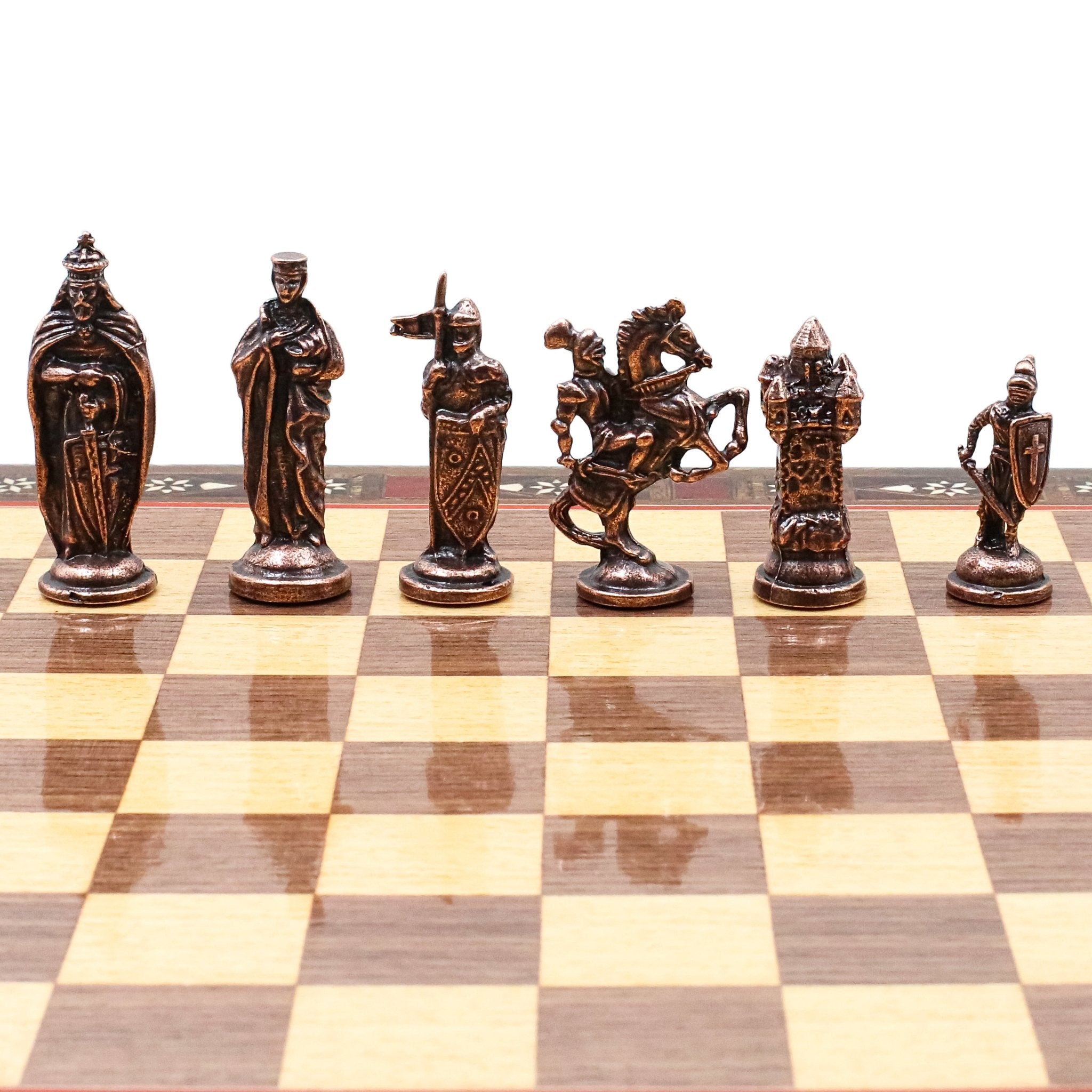 Handmade Inlay Storage Chess Set 38 CM (15") - Vintage Medieval British Die Cast Metal Pieces - Cooper Chess