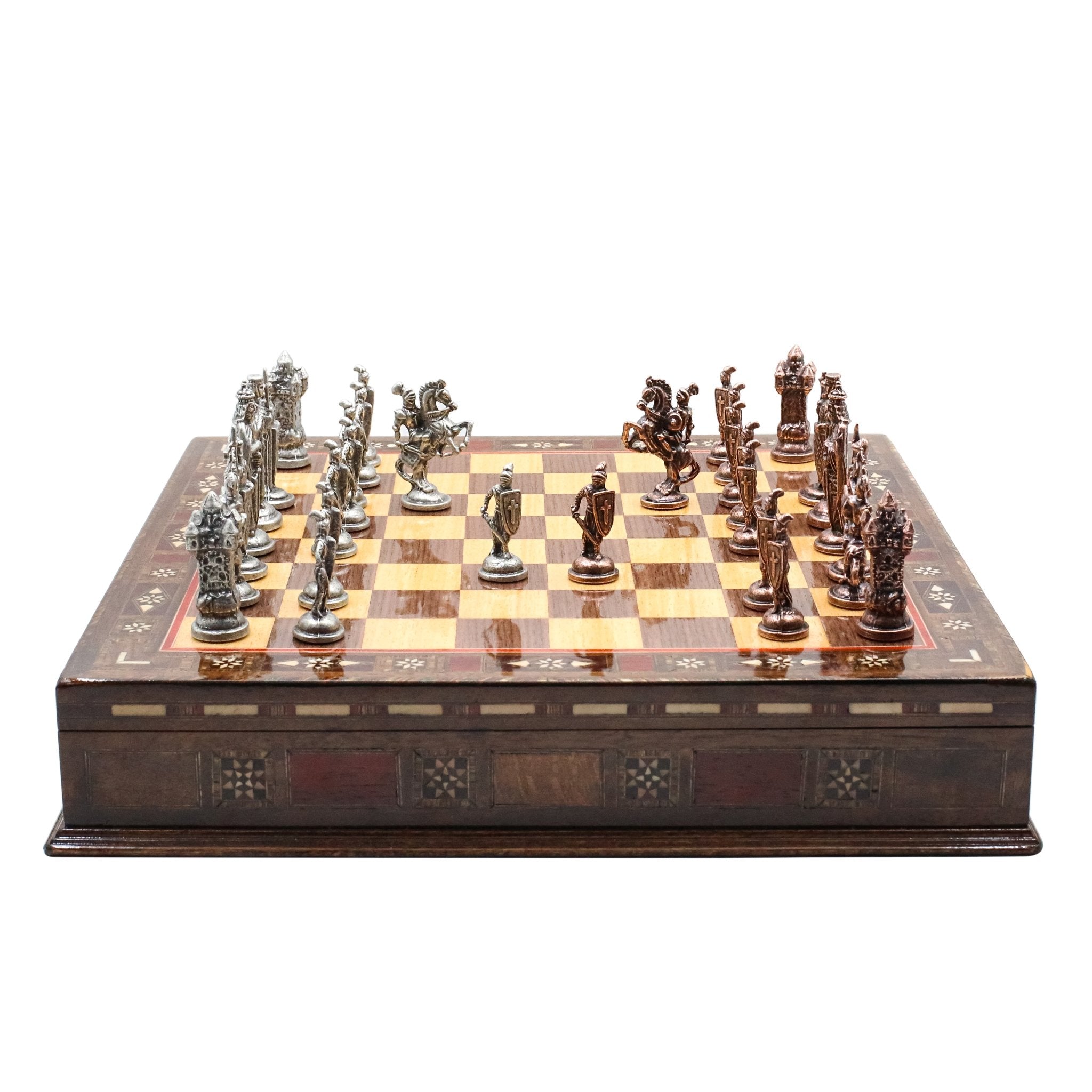 Handmade Inlay Storage Chess Set 38 CM (15") - Vintage Medieval British Die Cast Metal Pieces - Cooper Chess