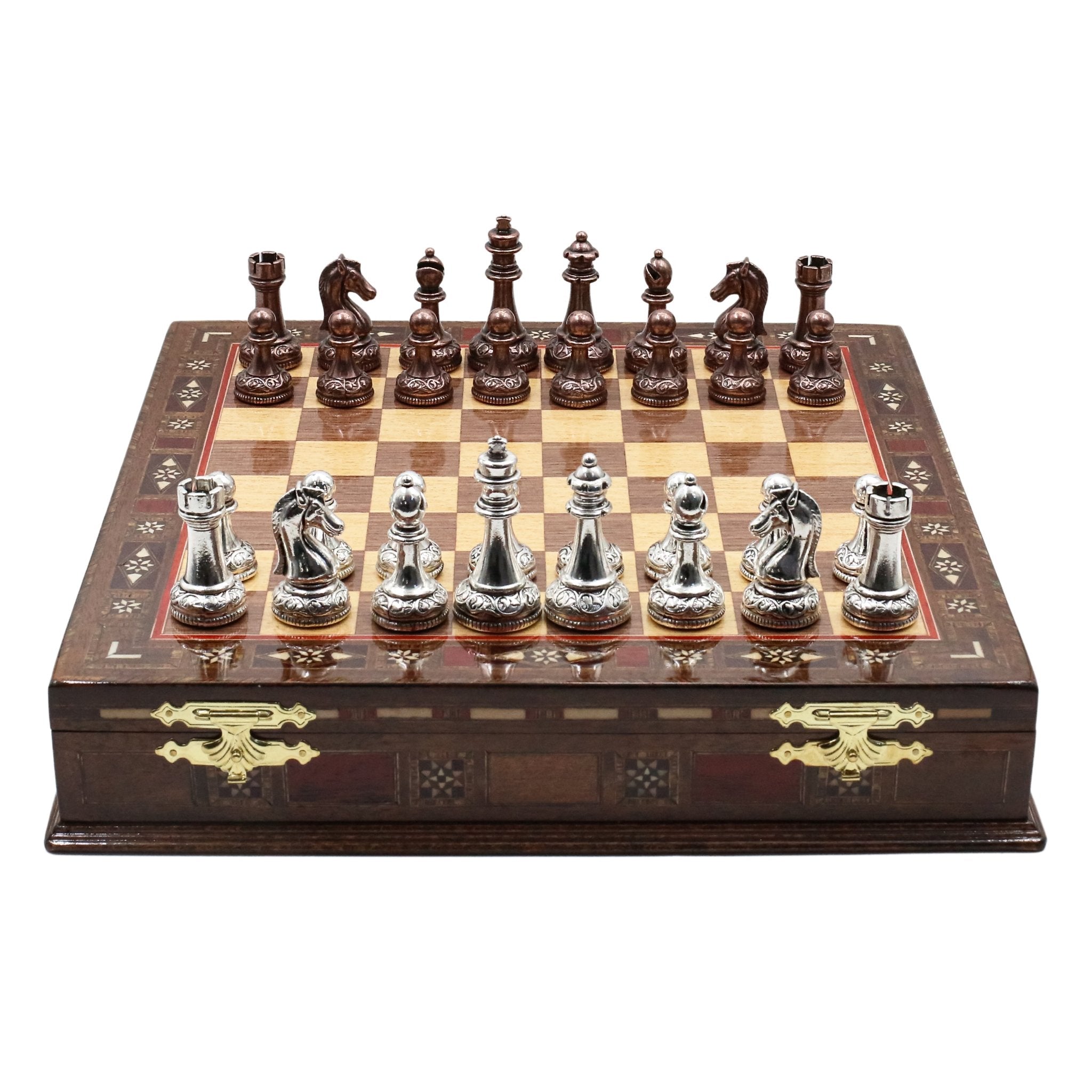 Handmade Inlay Storage Chess Set 38 CM (15") - Classic Baroque Metal Figures - Cooper Chess