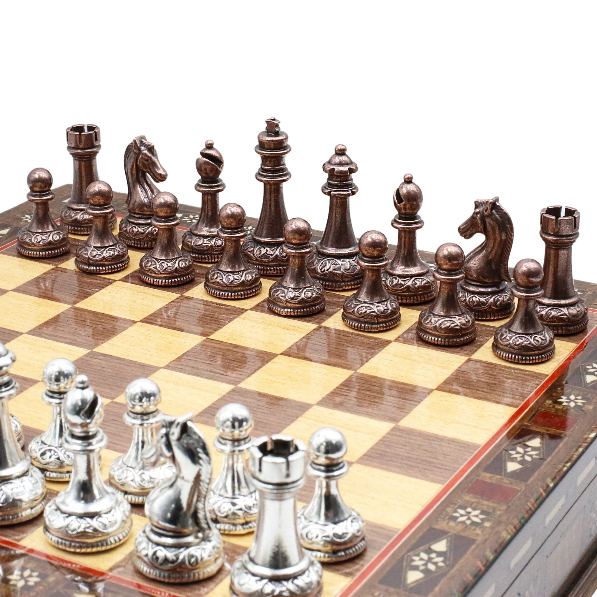 Handmade Inlay Storage Chess Set 38 CM (15") - Classic Baroque Metal Figures - Cooper Chess