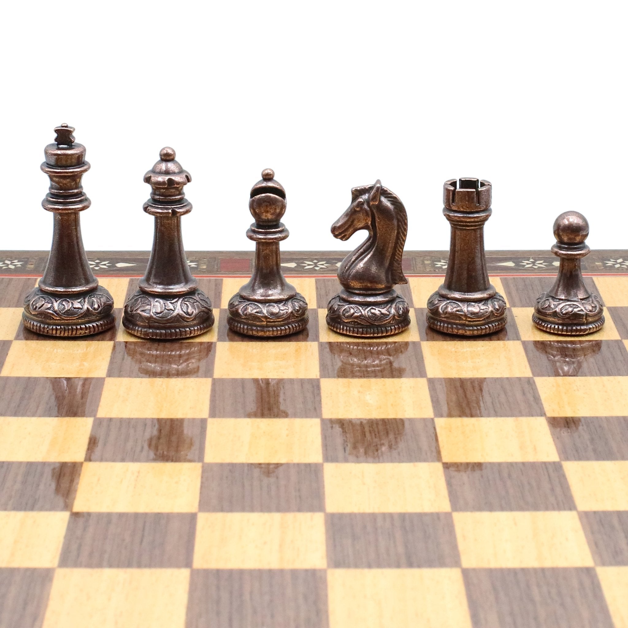 Handmade Inlay Storage Chess Set 38 CM (15") - Classic Baroque Metal Figures - Cooper Chess