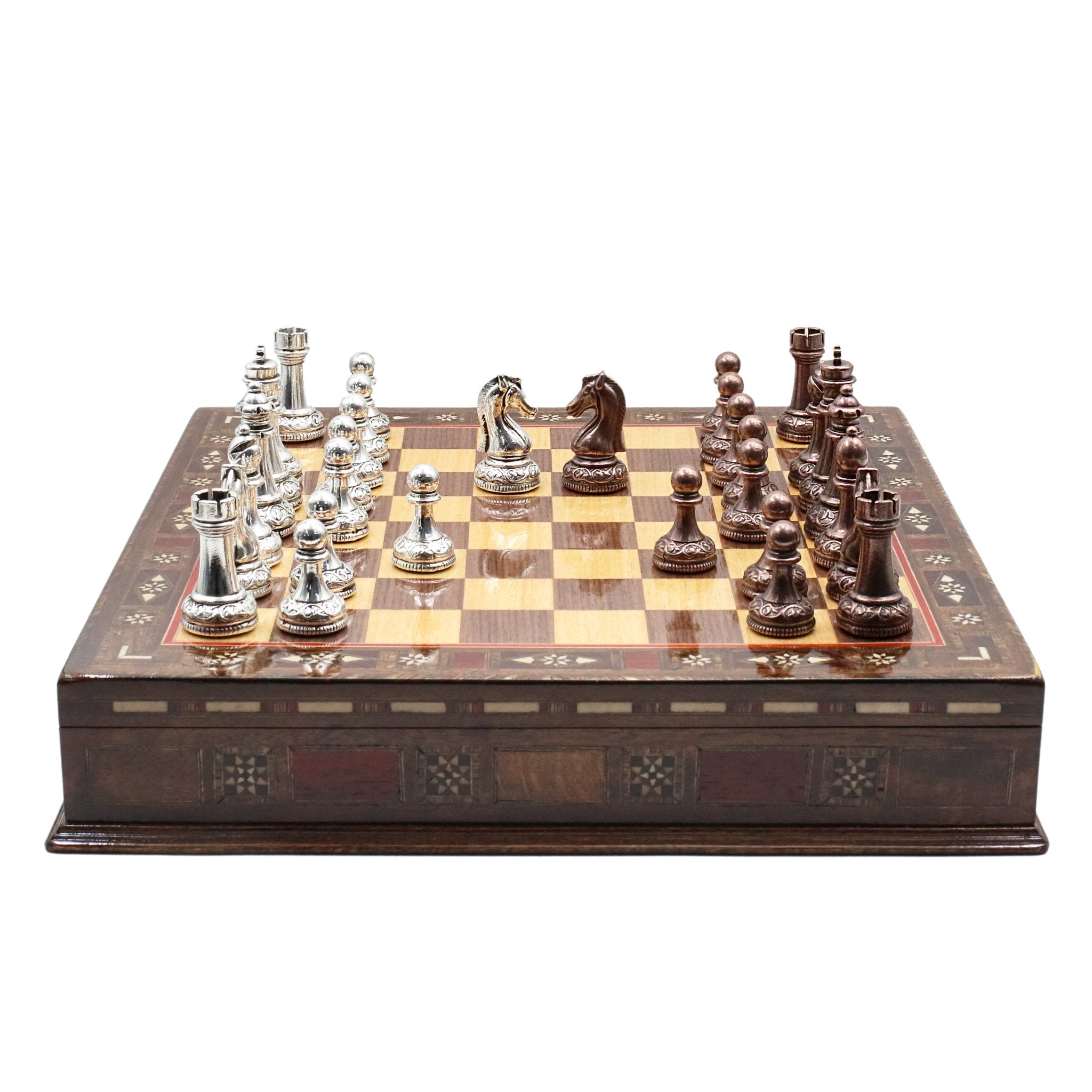 Handmade Inlay Storage Chess Set 38 CM (15") - Classic Baroque Metal Figures - Cooper Chess