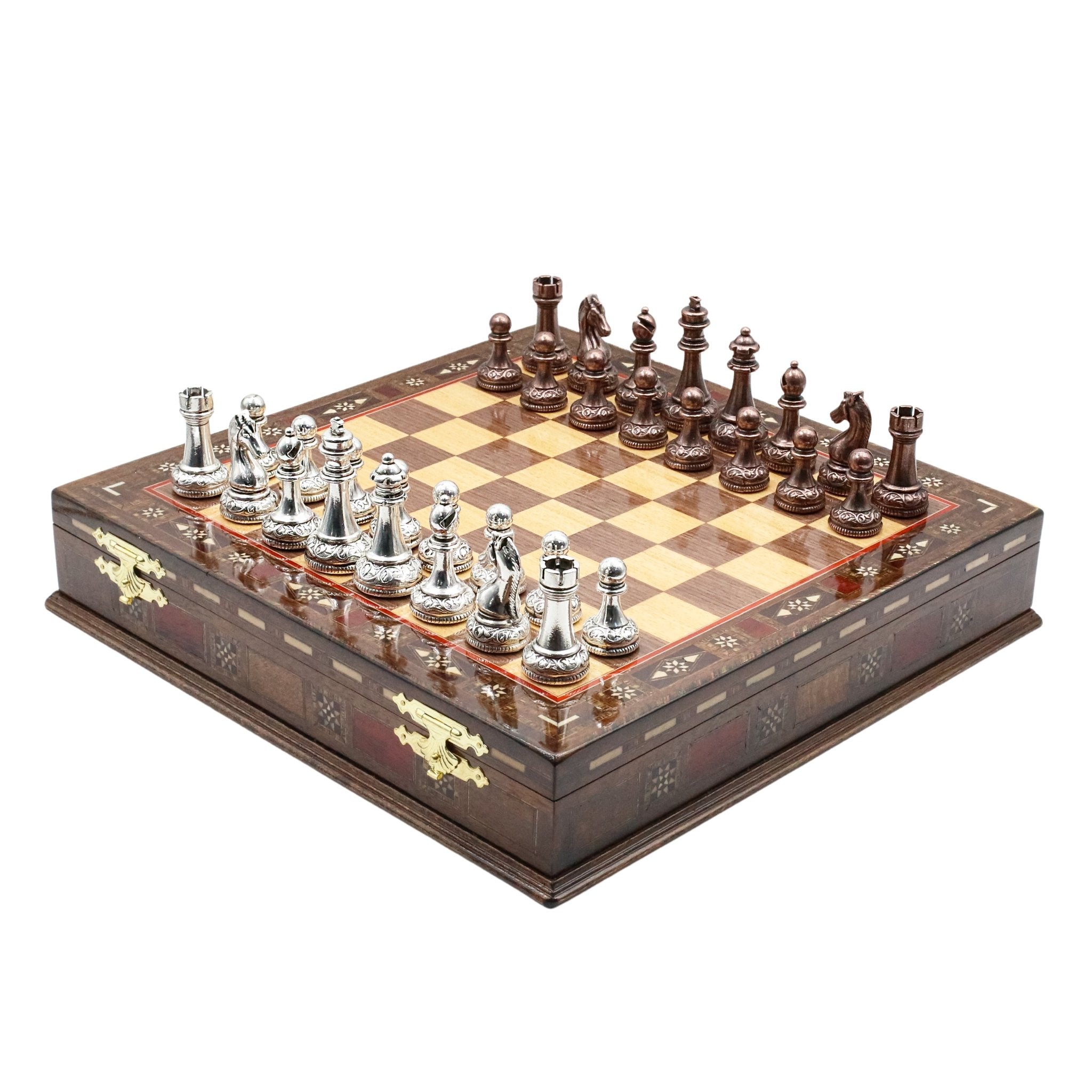 Handmade Inlay Storage Chess Set 38 CM (15") - Classic Baroque Metal Figures - Cooper Chess