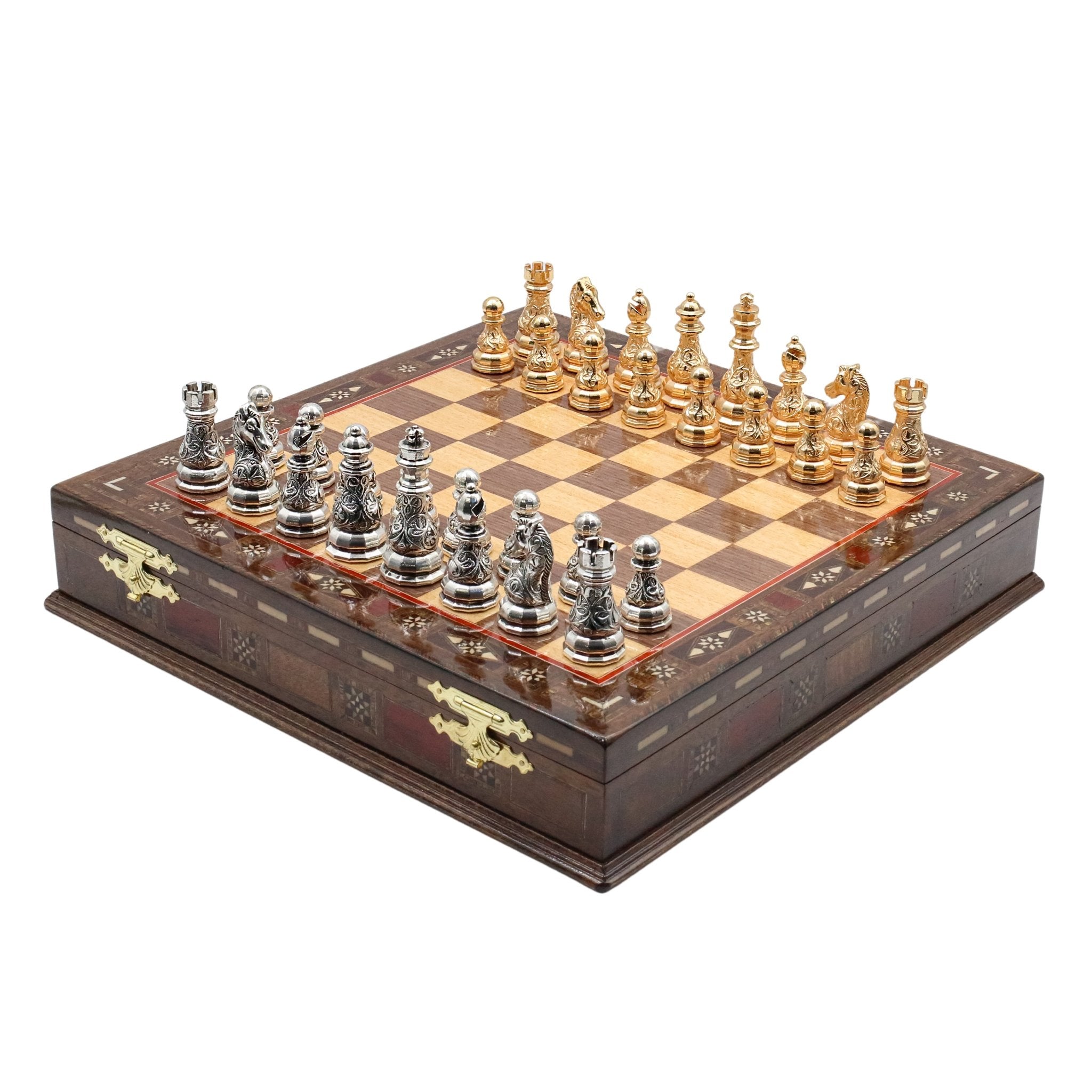 Handmade Inlay Storage Chess Set 38 CM (15") - Crystal Gold Baroque Metal Figures - Cooper Chess