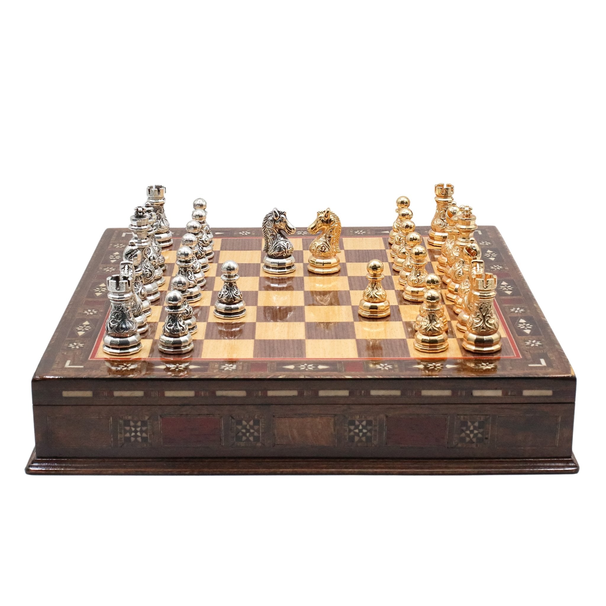 Handmade Inlay Storage Chess Set 38 CM (15") - Crystal Gold Baroque Metal Figures - Cooper Chess