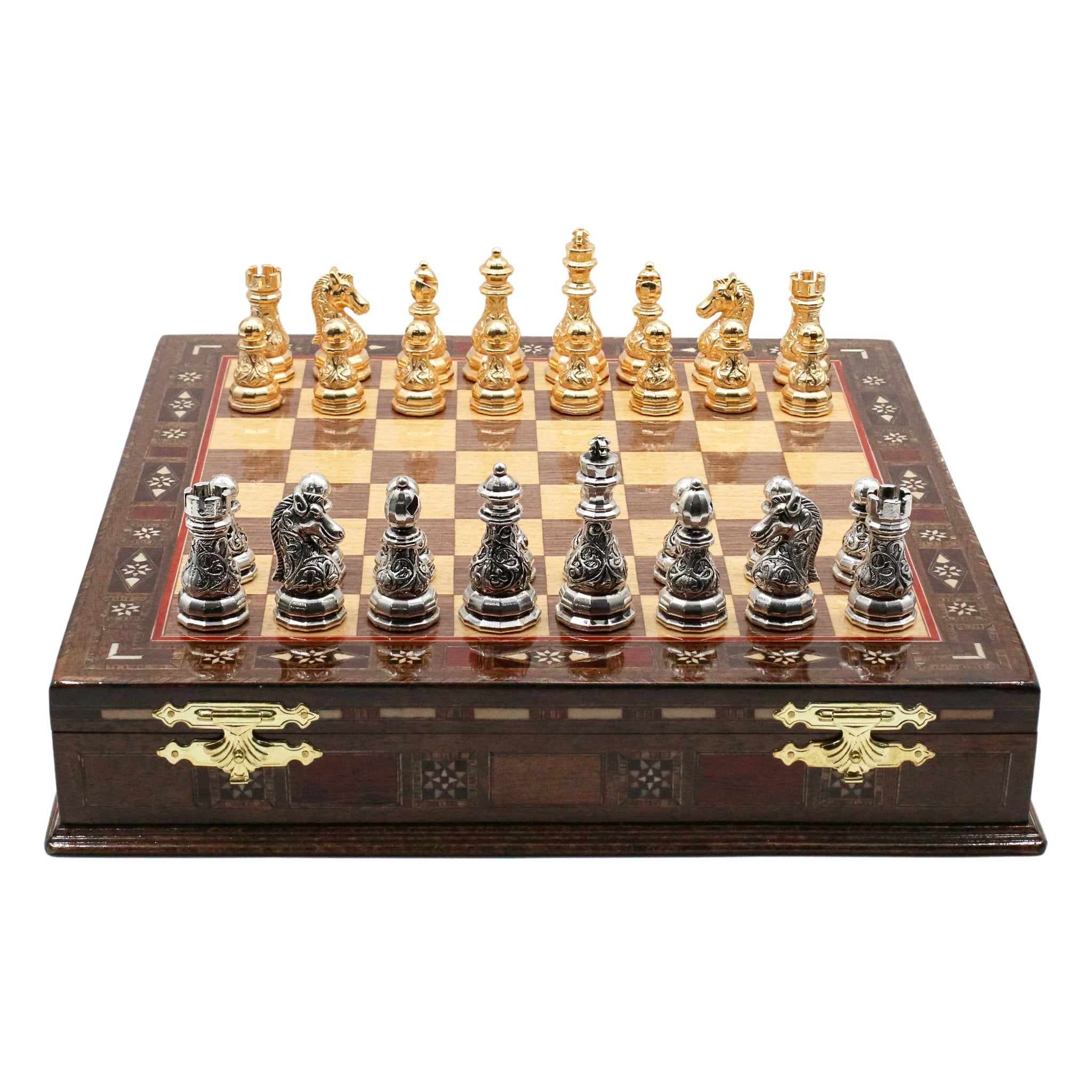 Handmade Inlay Storage Chess Set 38 CM (15") - Crystal Gold Baroque Metal Figures - Cooper Chess