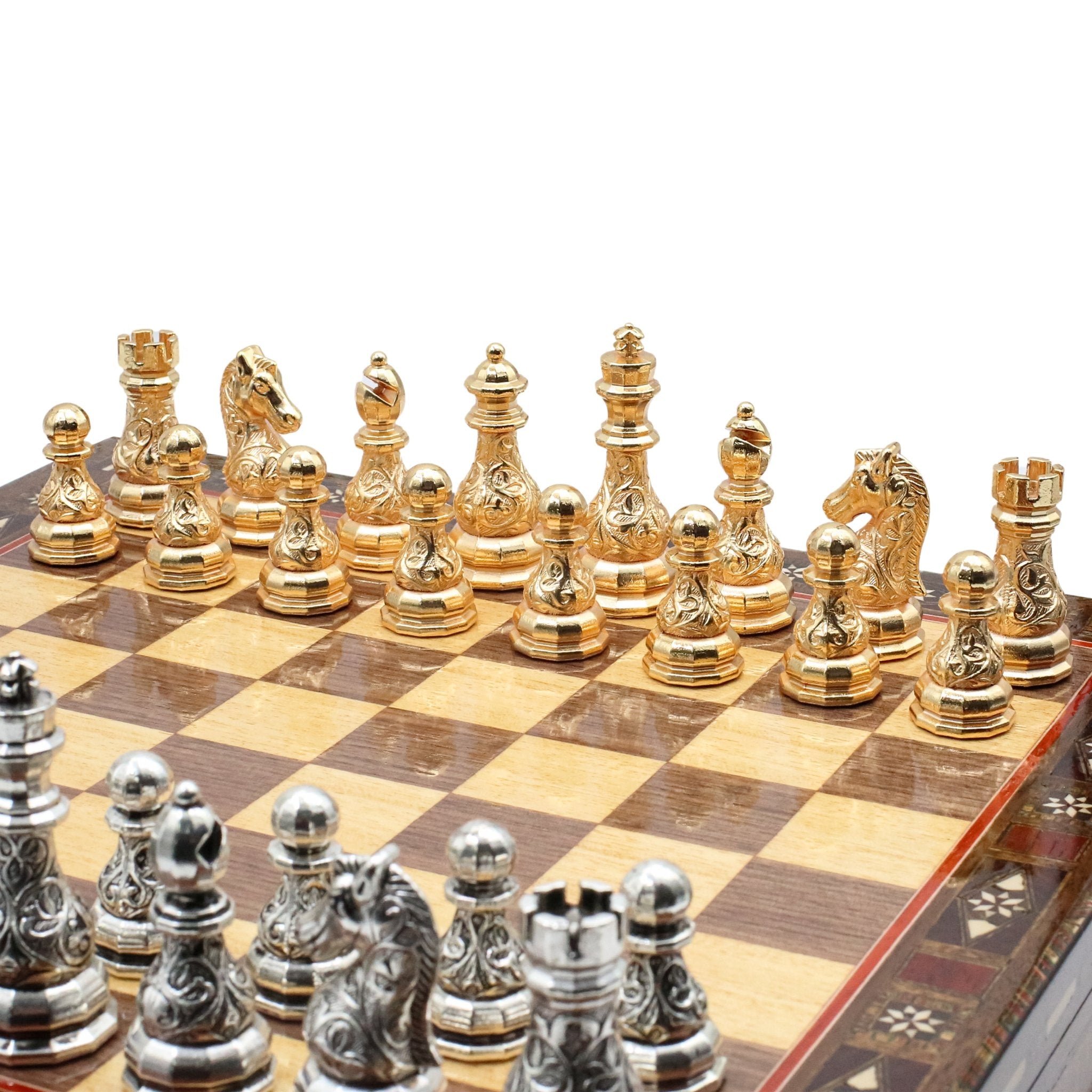 Handmade Inlay Storage Chess Set 38 CM (15") - Crystal Gold Baroque Metal Figures - Cooper Chess