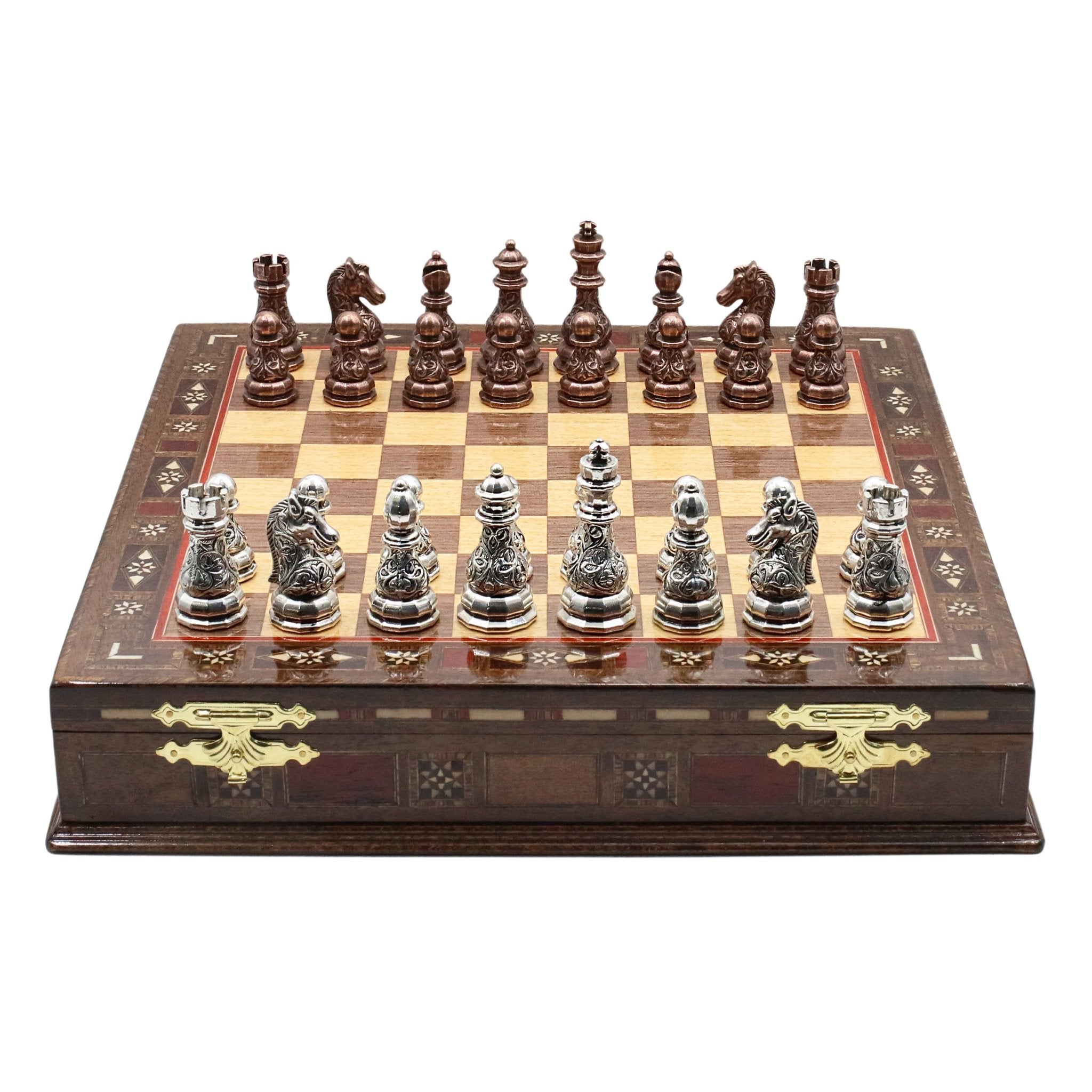 Handmade Inlay Storage Chess Set 38 CM (15") - Crystal Bronze Baroque Metal Figures - Cooper Chess