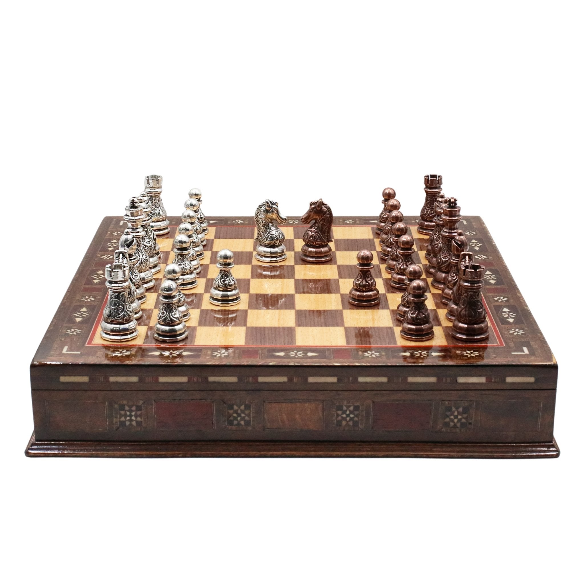 Handmade Inlay Storage Chess Set 38 CM (15") - Crystal Bronze Baroque Metal Figures - Cooper Chess