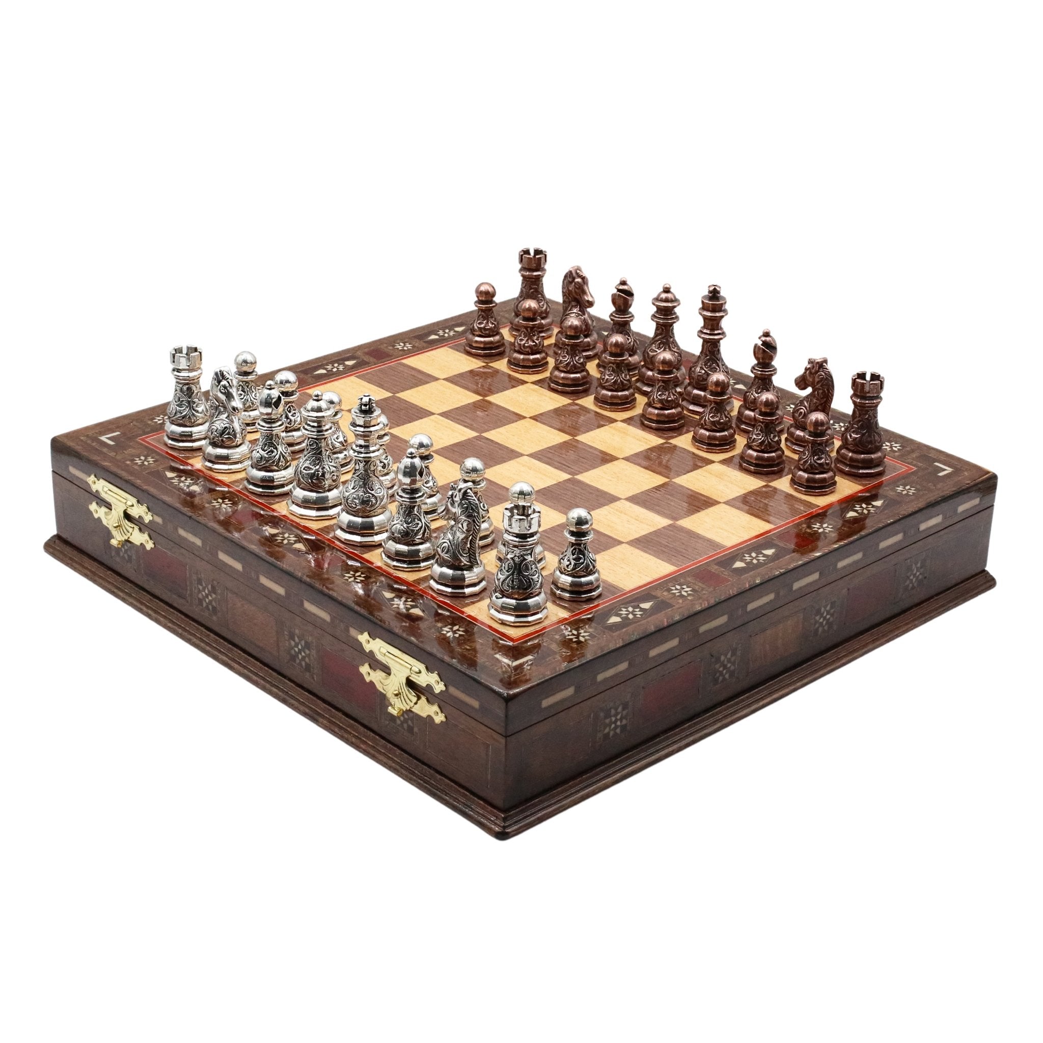 Handmade Inlay Storage Chess Set 38 CM (15") - Crystal Bronze Baroque Metal Figures - Cooper Chess