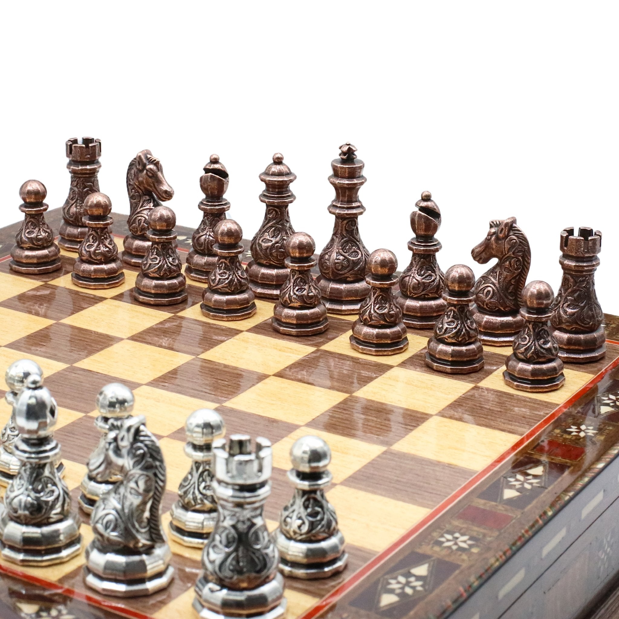 Handmade Inlay Storage Chess Set 38 CM (15") - Crystal Bronze Baroque Metal Figures - Cooper Chess