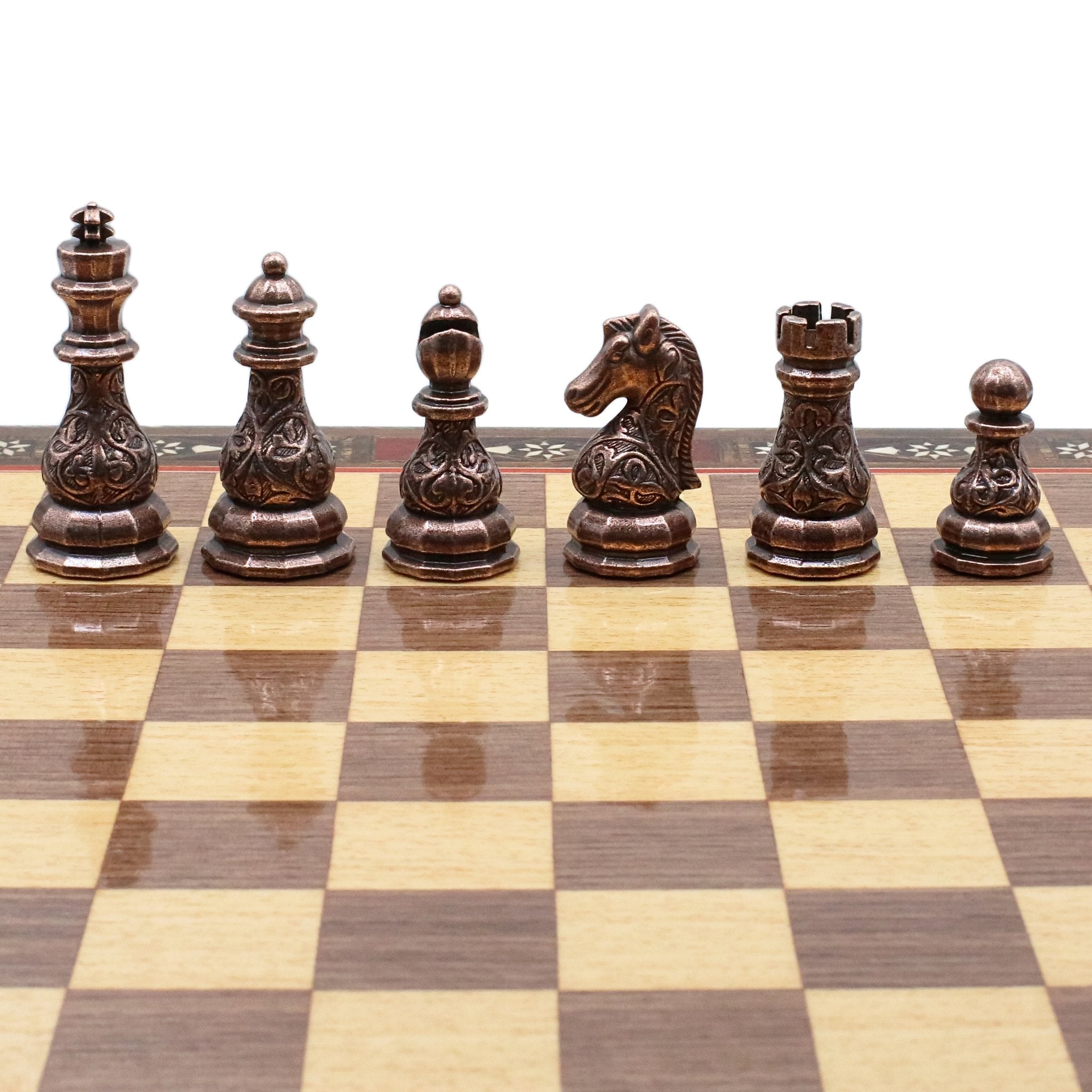 Handmade Inlay Storage Chess Set 38 CM (15") - Crystal Bronze Baroque Metal Figures - Cooper Chess