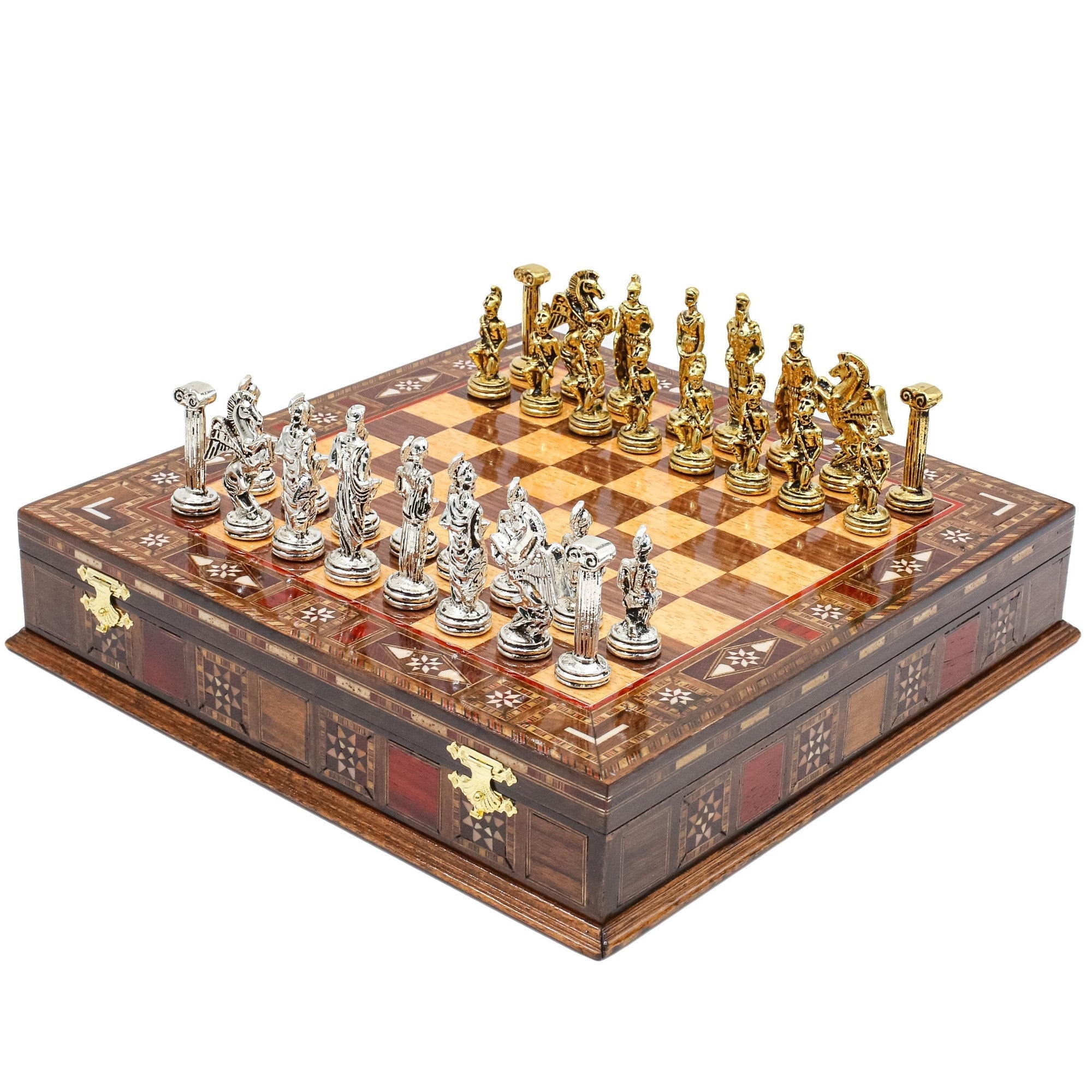 Handmade Inlay Storage Chess Set 30 CM (12") - Mythology Pegasus Die Cast Metal Pieces - Cooper Chess