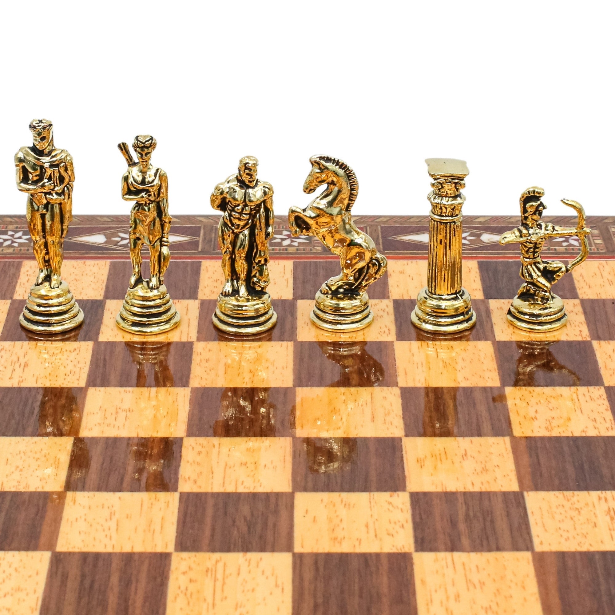 Handmade Inlay Storage Chess Set 30 CM (12") - Greek Archer Die Cast Metal Pieces - Cooper Chess