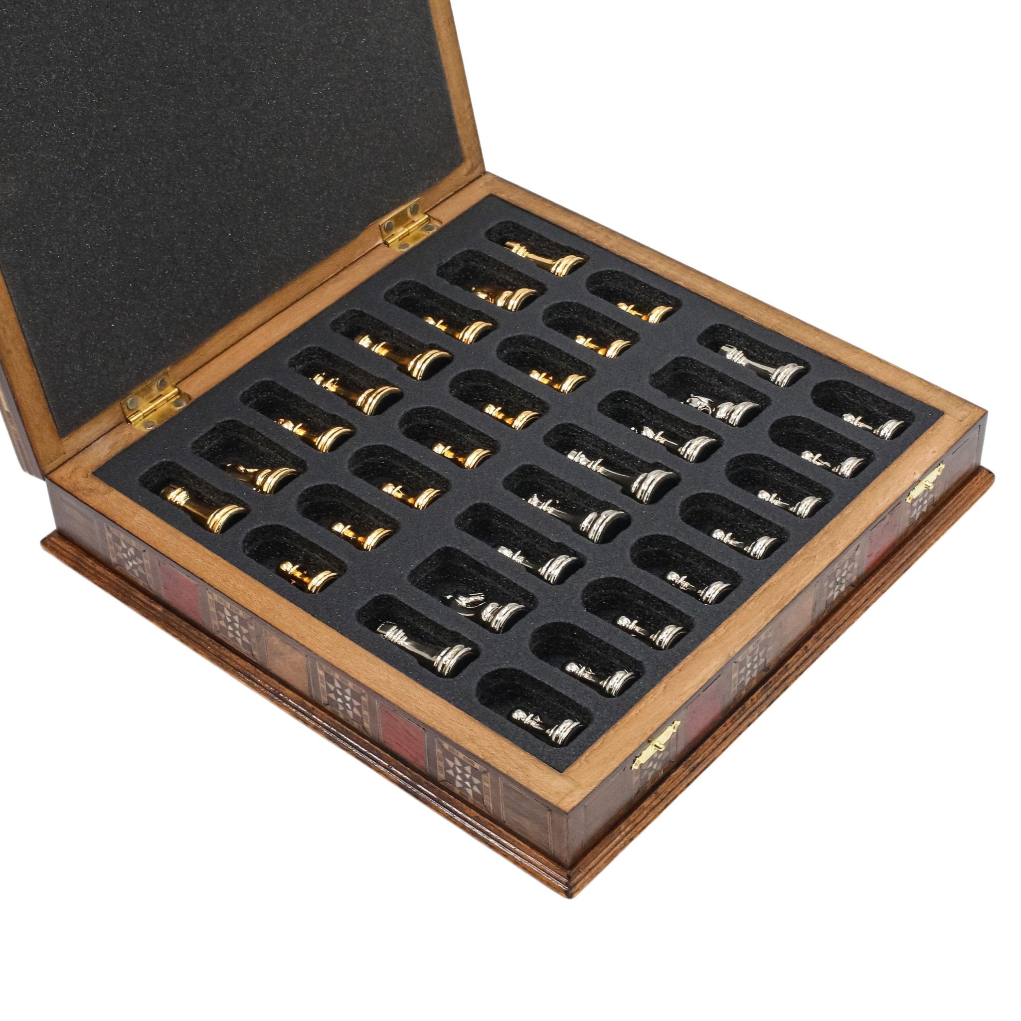 Handmade Inlay Storage Chess Set - Staunton Weighted Classic Figures (Gold vs Silver) - Cooper Chess
