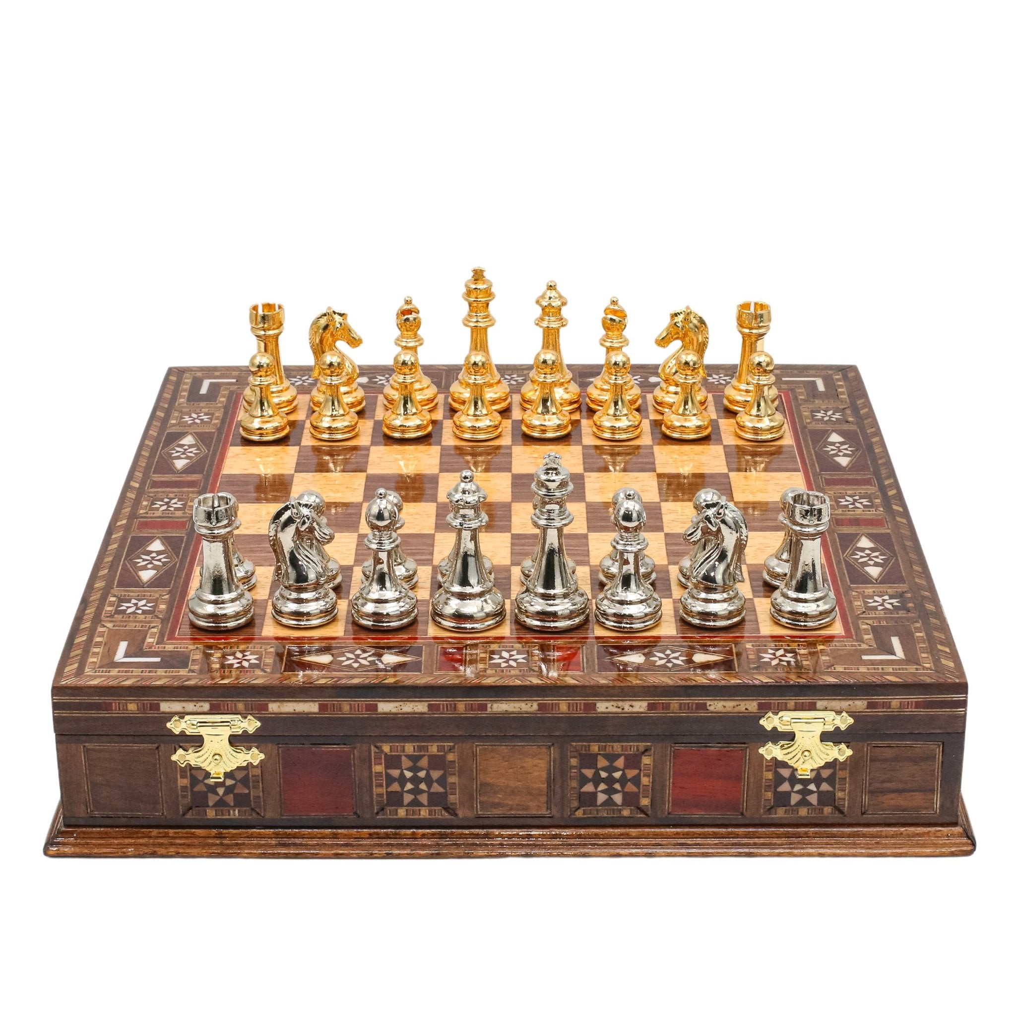 Handmade Inlay Storage Chess Set - Staunton Weighted Classic Figures (Gold vs Silver) - Cooper Chess