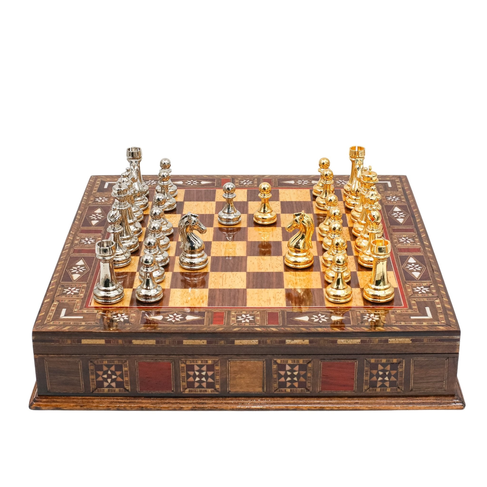 Handmade Inlay Storage Chess Set - Staunton Weighted Classic Figures (Gold vs Silver) - Cooper Chess