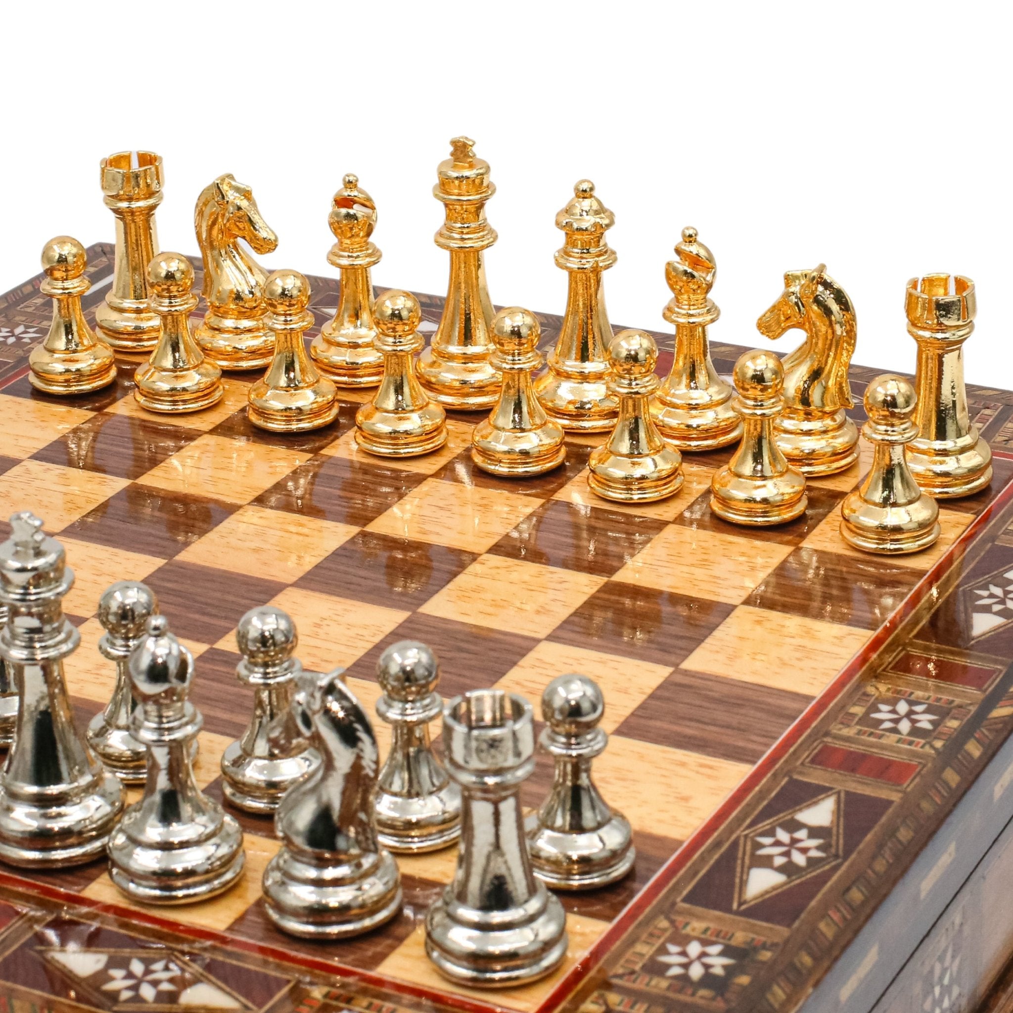 Handmade Inlay Storage Chess Set - Staunton Weighted Classic Figures (Gold vs Silver) - Cooper Chess