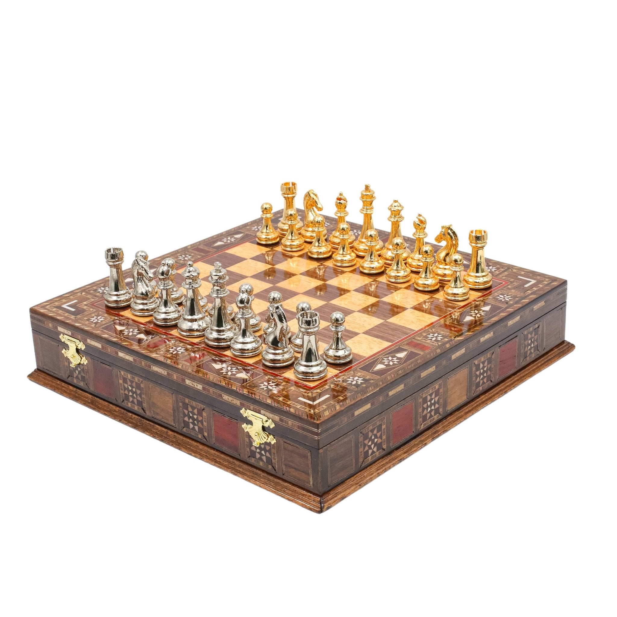 Handmade Inlay Storage Chess Set - Staunton Weighted Classic Figures (Gold vs Silver) - Cooper Chess