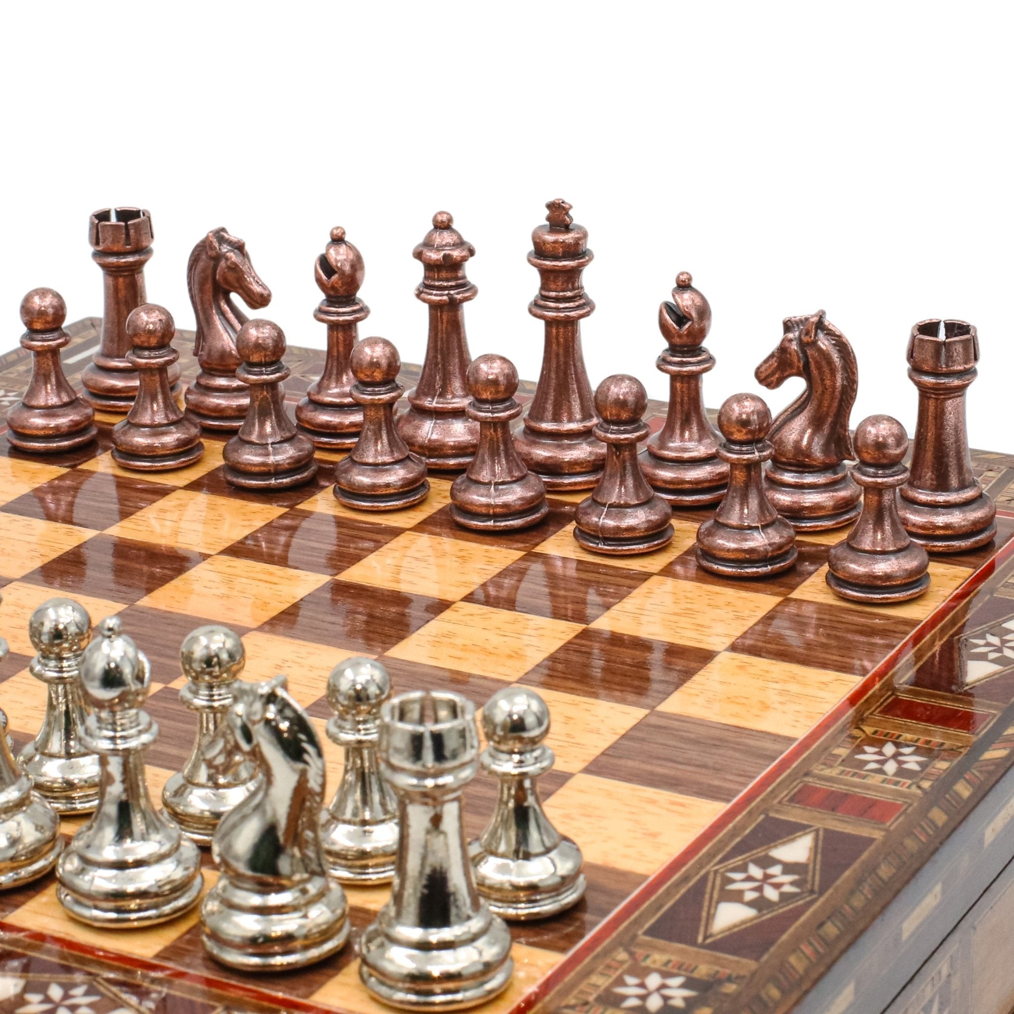 Handmade Inlay Storage Chess Set - Staunton Weighted Classic Figures (Bronze vs Silver) - Cooper Chess
