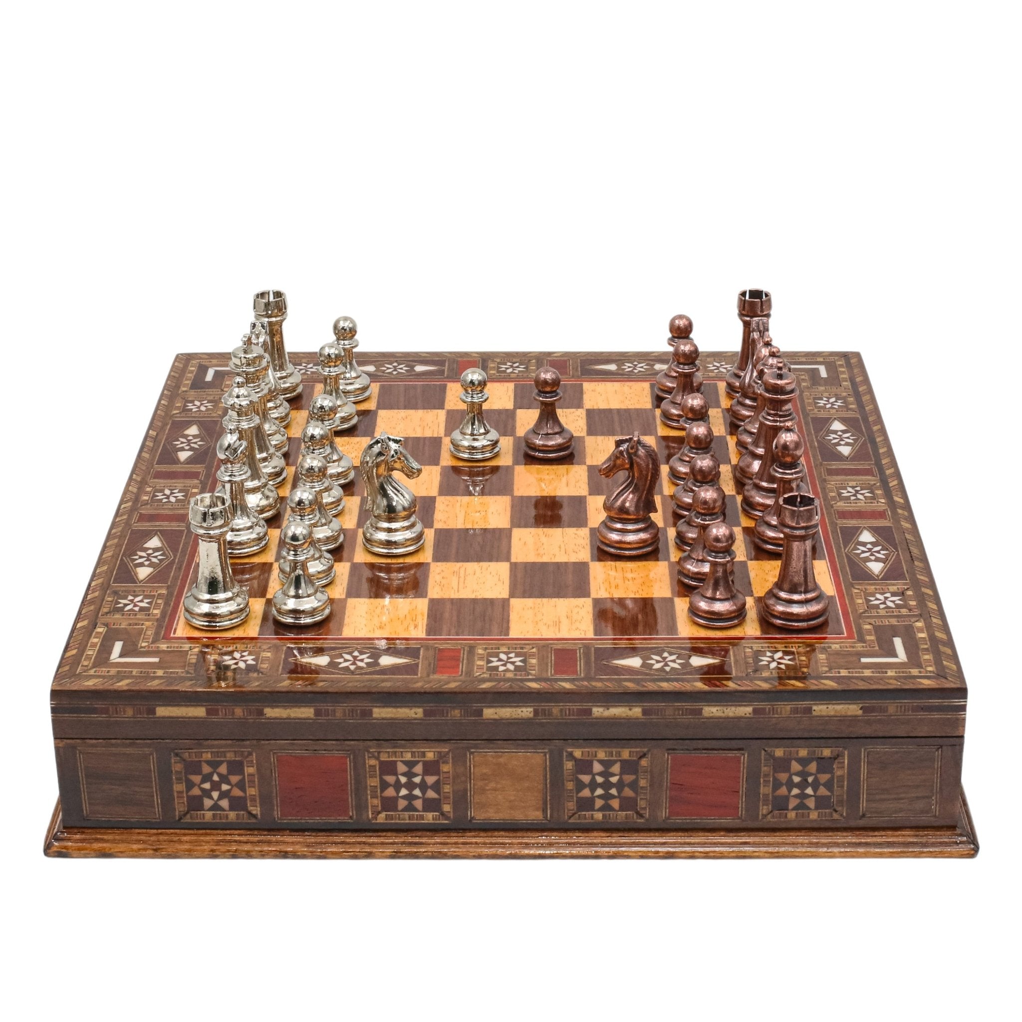Handmade Inlay Storage Chess Set - Staunton Weighted Classic Figures (Bronze vs Silver) - Cooper Chess