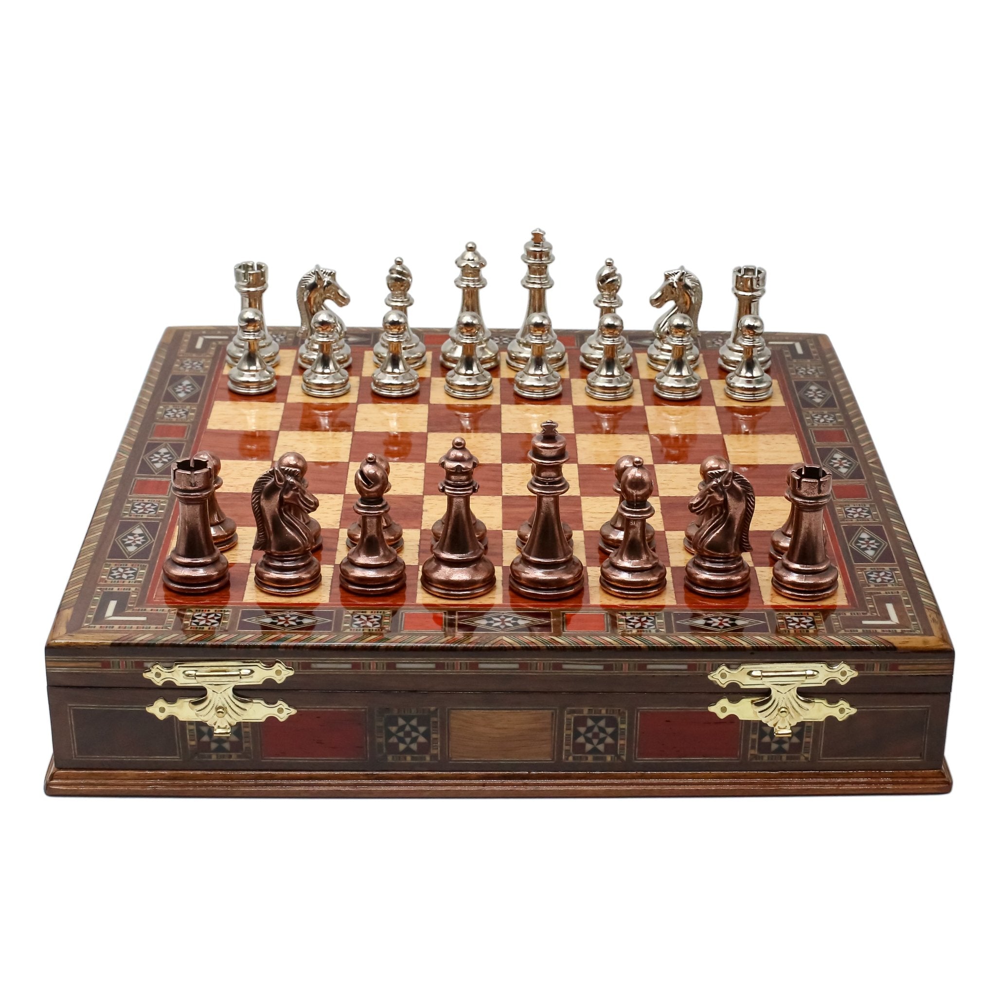Handmade Inlay Storage Chess Set - Staunton Weighted Classic Figures (Bronze vs Silver) - Cooper Chess