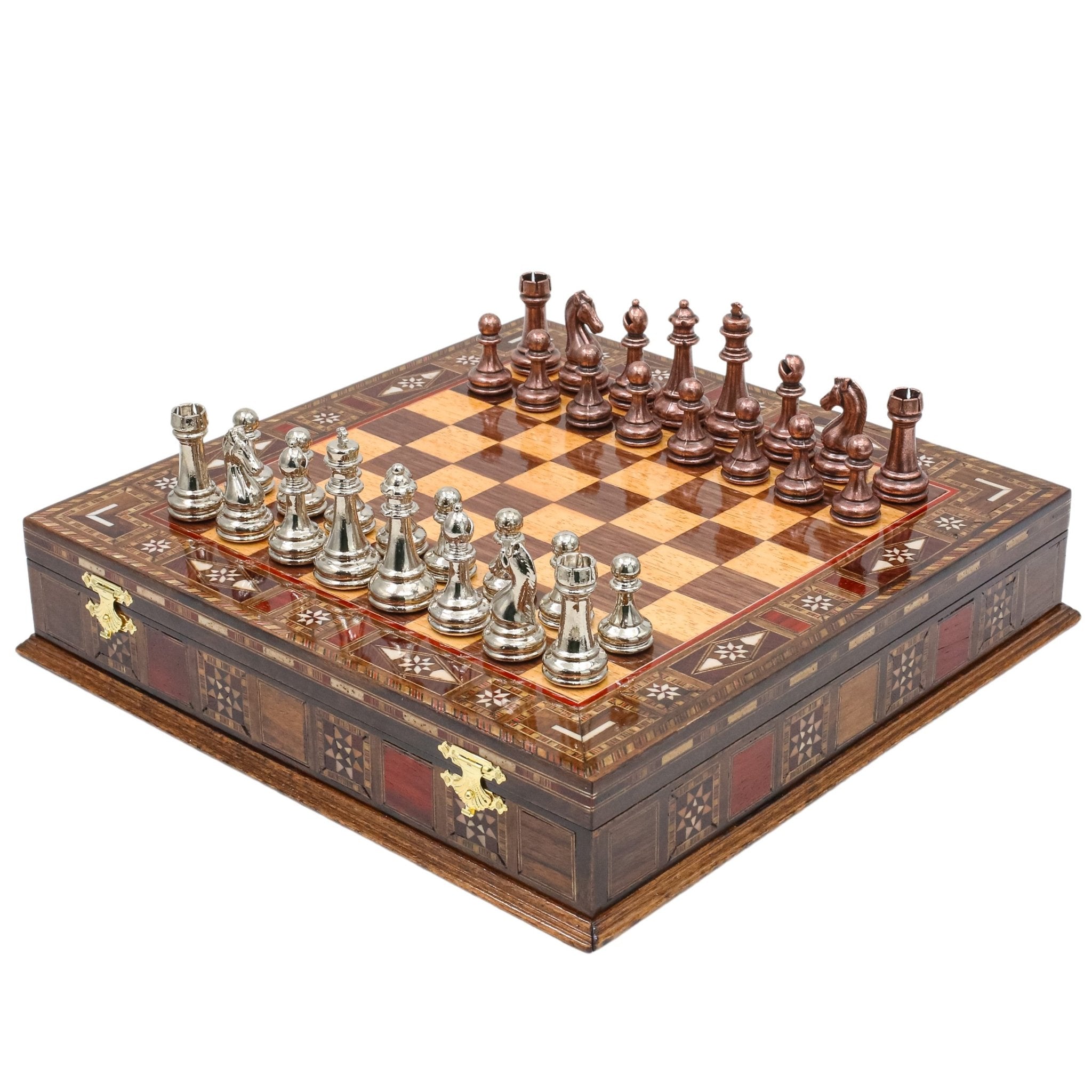 Handmade Inlay Storage Chess Set - Staunton Weighted Classic Figures (Bronze vs Silver) - Cooper Chess