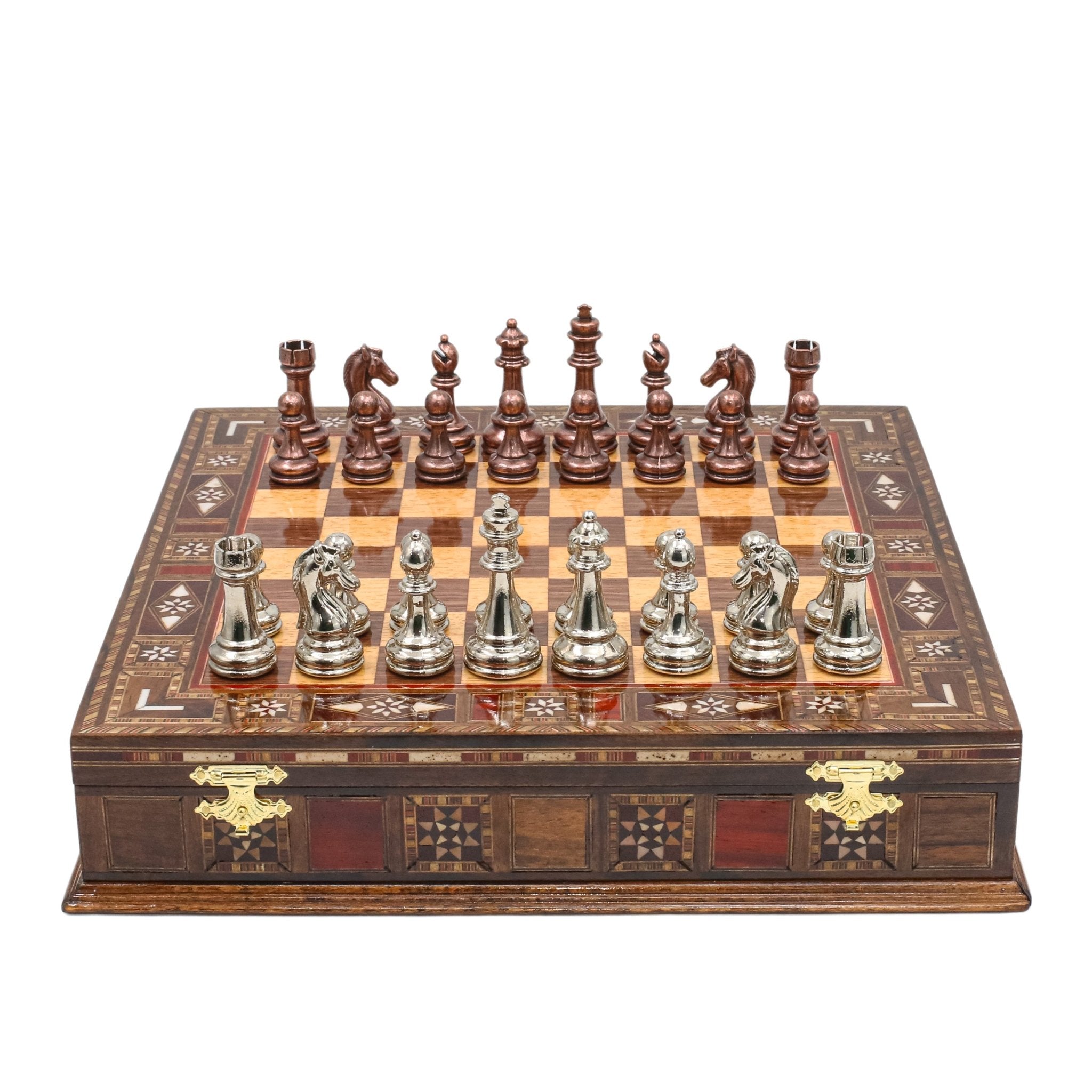 Handmade Inlay Storage Chess Set - Staunton Weighted Classic Figures (Bronze vs Silver) - Cooper Chess