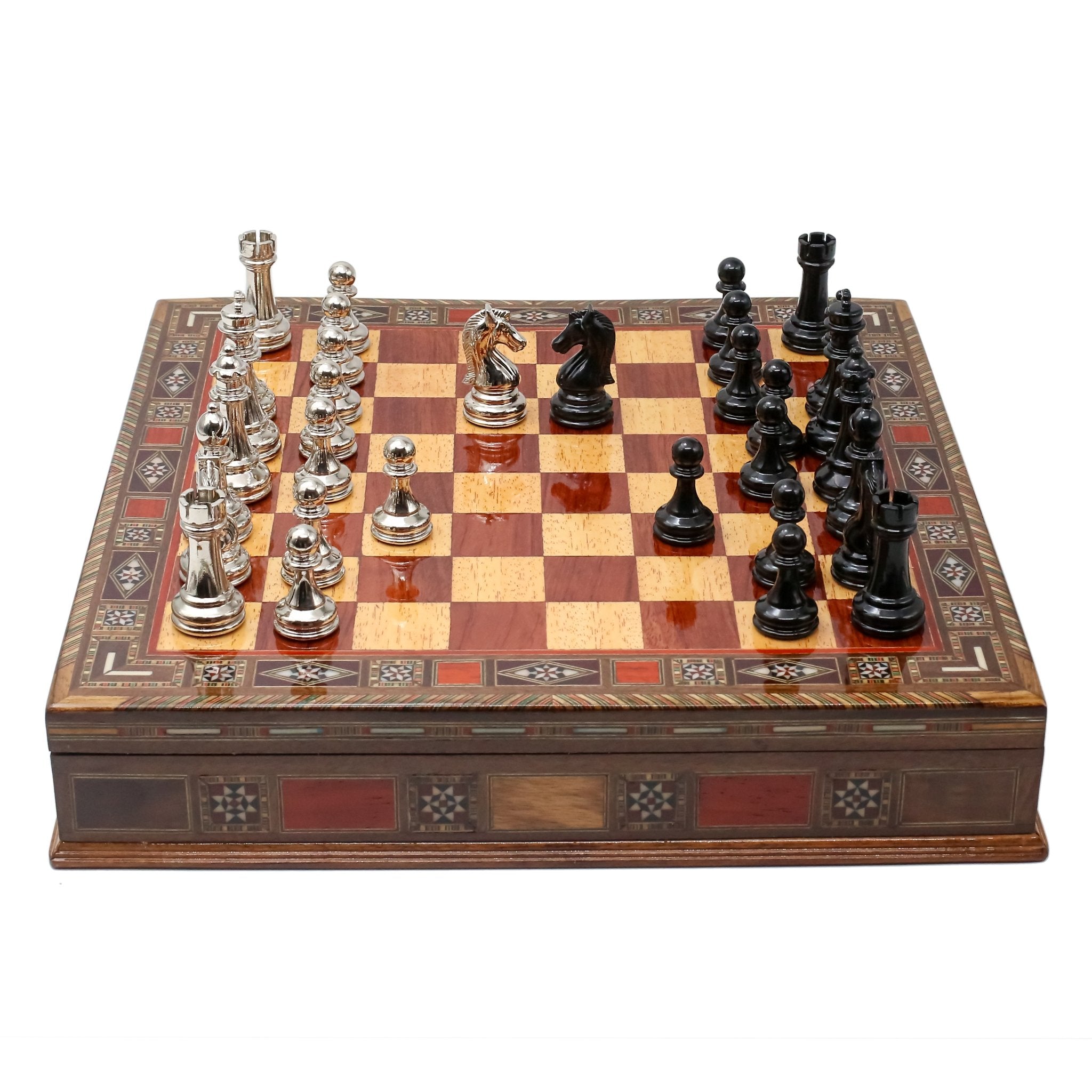Handmade Inlay Storage Chess Set - Staunton Weighted Classic Figures (Black vs Silver) - Cooper Chess