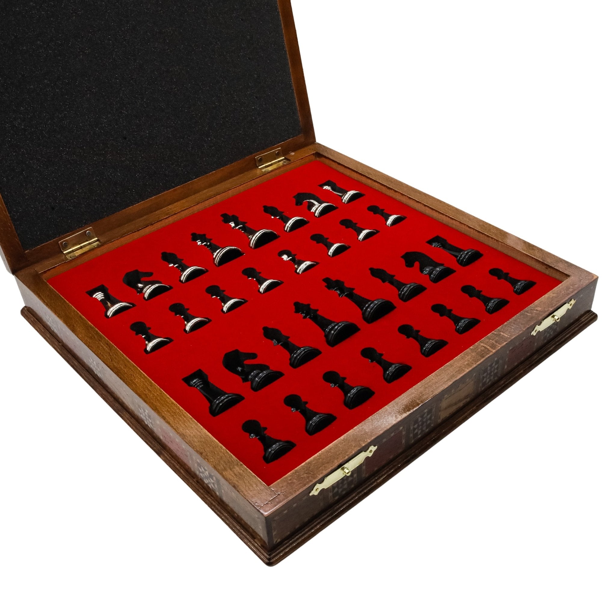 Handmade Inlay Storage Chess Set - Staunton Weighted Classic Figures (Black vs Silver) - Cooper Chess